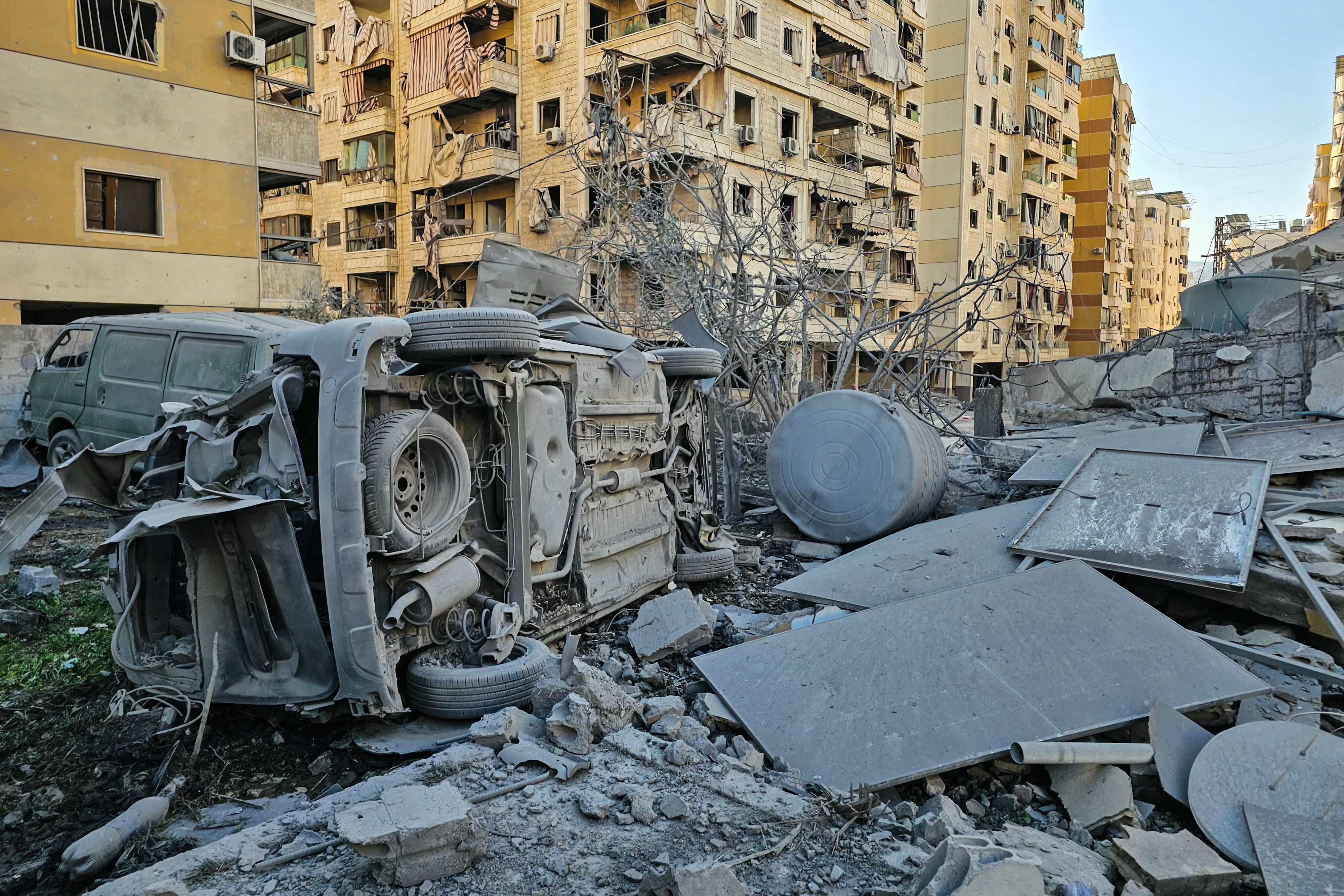 The aftermath of an Israeli airstrike that targeted the Hadath Lailaky neighbourhood in Beirut's southern suburbs on March 11