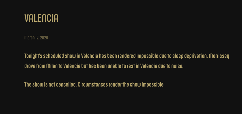 Morrisey says Valencia show has been 'rendered impossible'