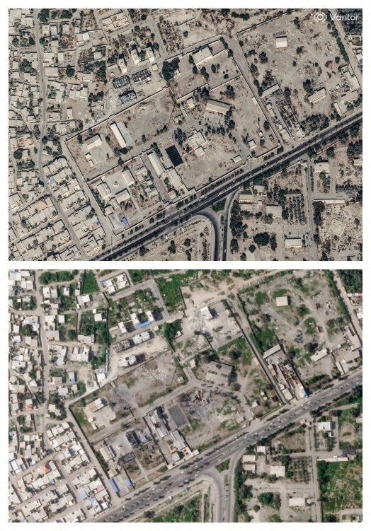 A combination of satellite images shows the Shajareh Tayyebeh girls’ school in Minab before and after being struck