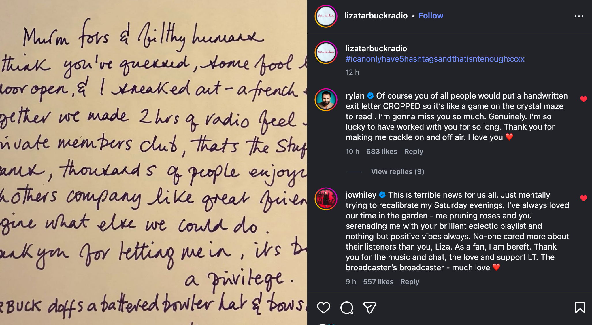 Liza Tarbuck announces she's quit Radio 2 in moving handwritten note