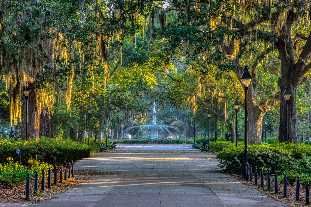 Savannah features 22 park-like squares, a grid plan that dates back to 1733. Pictured is the fountain at Forsyth Park