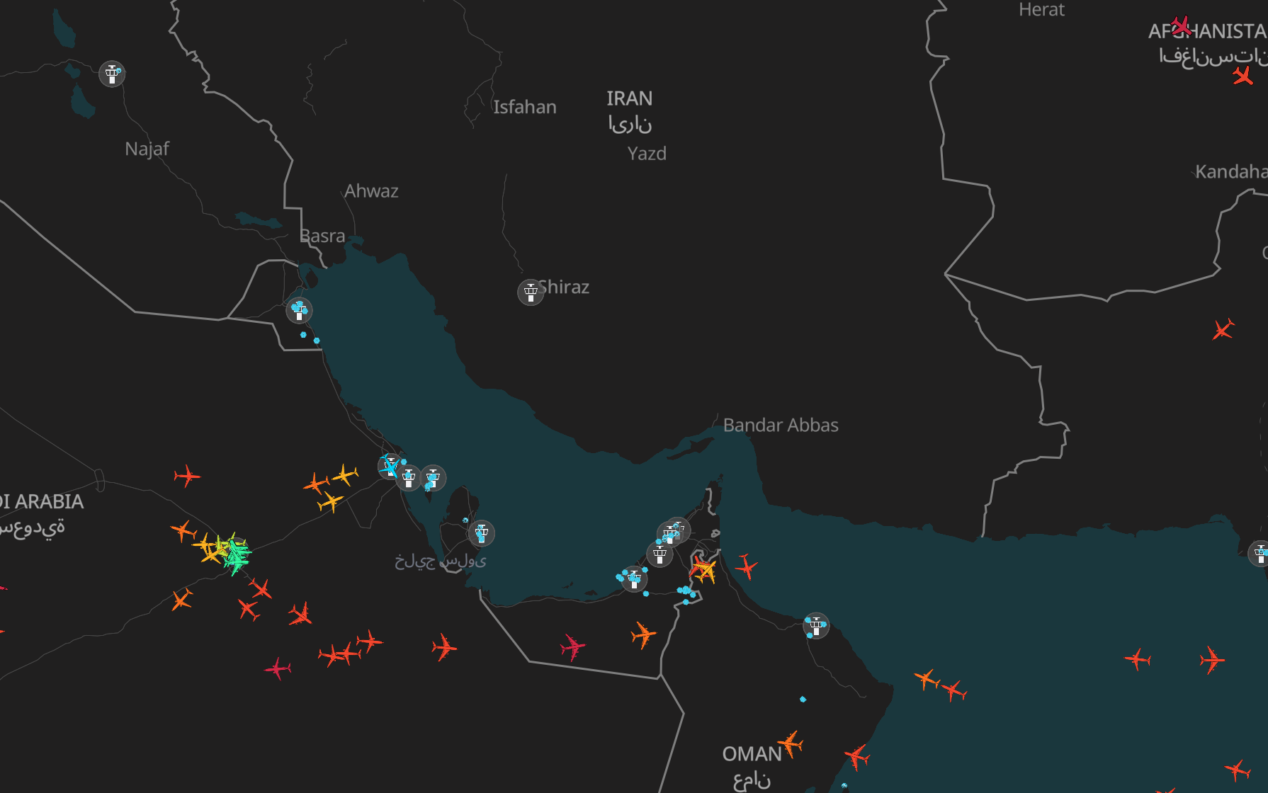 Restricted flights over the Middle East on Friday, 13 March
