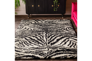 Rockett St George black dirty zebra shaggy Berber wool rug, Glamoratti style
