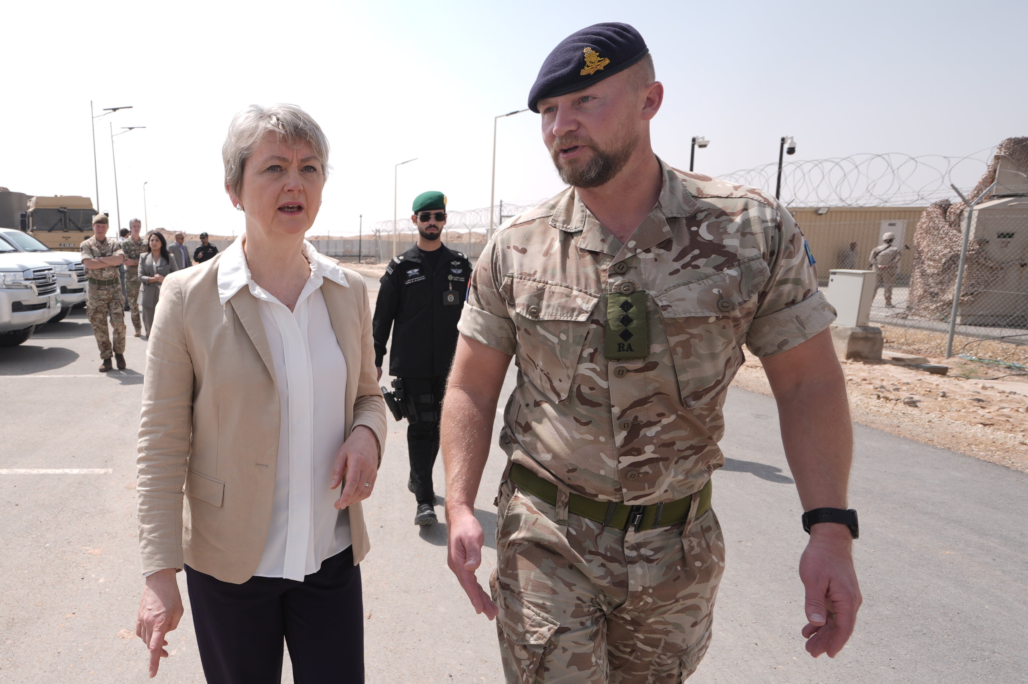 Yvette Cooper pictured on a visit to a British military base near Riyadh, Saudi Arabia, where the 9 (Plassey) Battery Royal Artillery is protecting Saudi critical national infrastructure