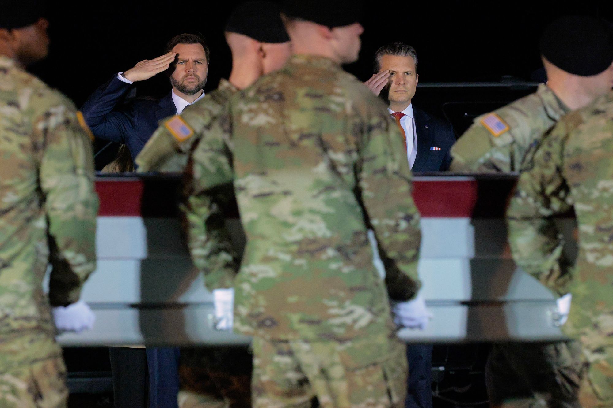 The vice president reportedly expressed concern about US casualties in Iran. Vance is pictured here (left) alongside Hegseth (right) attending the transfer of the remains of US service members killed during Operation Epic Fury