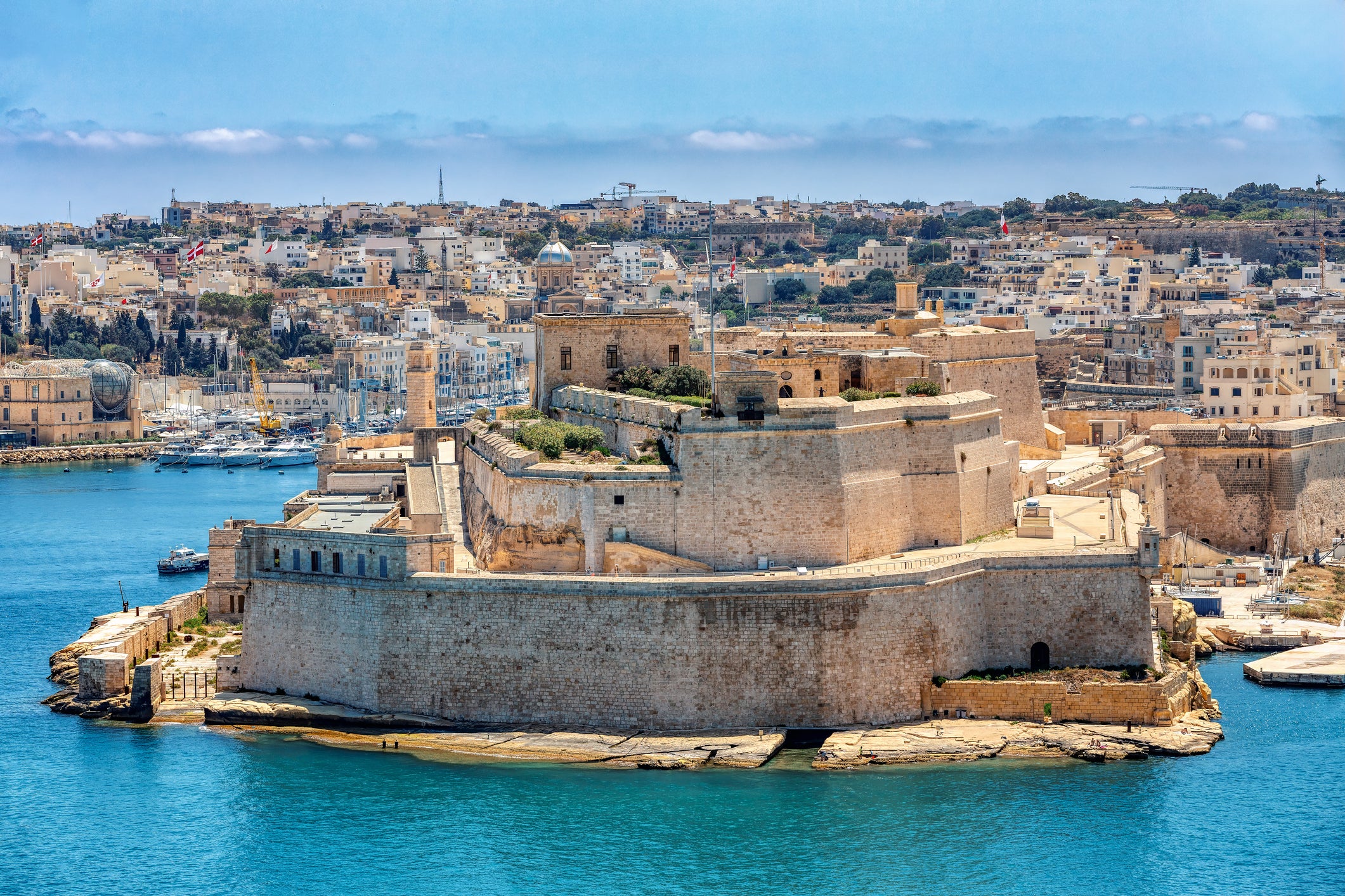 Malta's coastal fortifications are eye-catching. Pictured is Fort St. Angelo in Birgu, as seen from Fort St Elmo, opposite