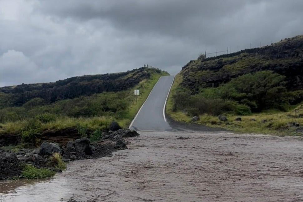 This photo provided by Maui County shows flooding from days of downpours in Hana, Hawaii