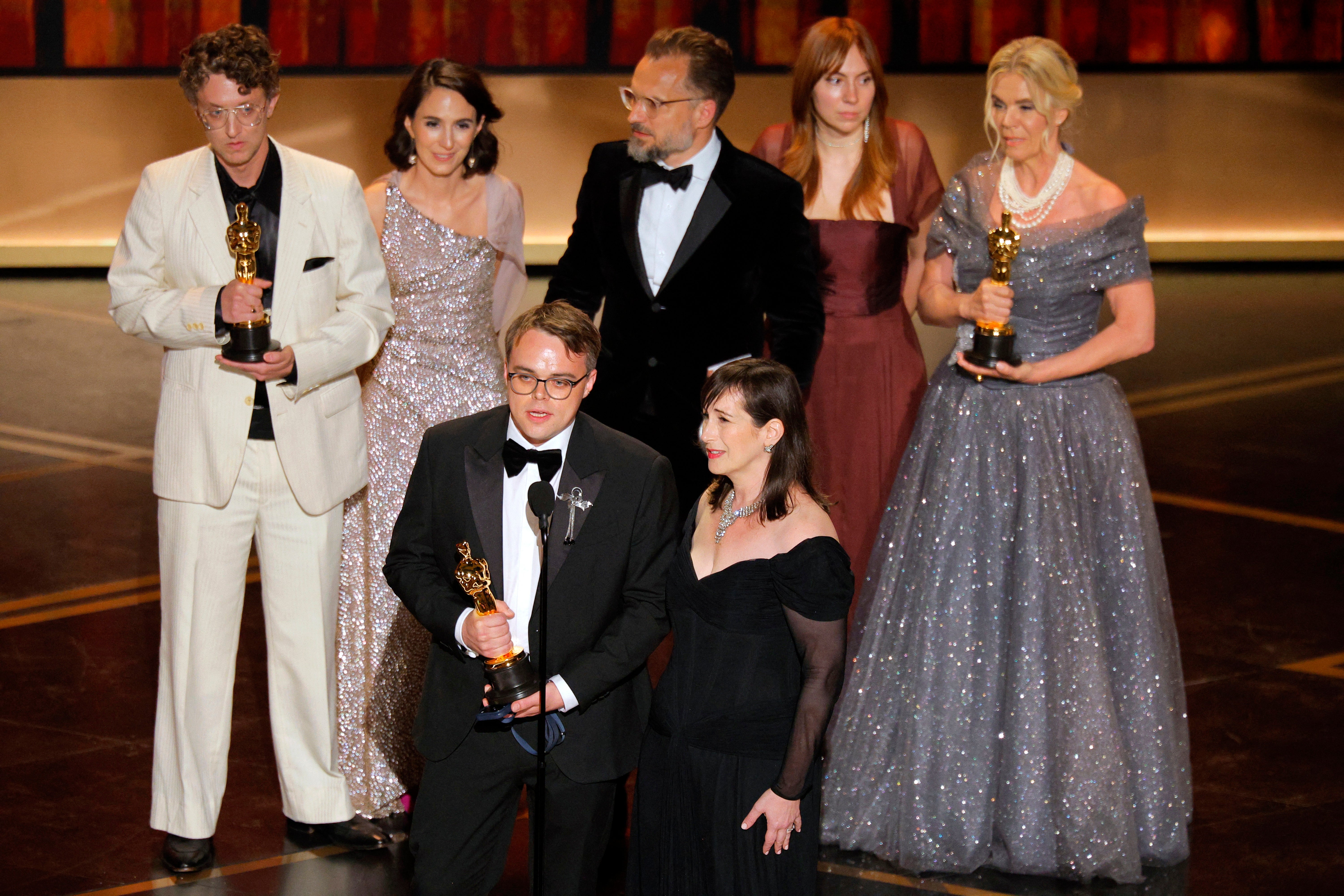 David Borenstein, Pavel Talankin, Helle Faber and Alzbeta Karaskova win the Oscar for Best Documentary Feature Film for ‘Mr. Nobody Against Putin’ during the Oscars show at the 98th Academy Awards in Hollywood, Los Angeles