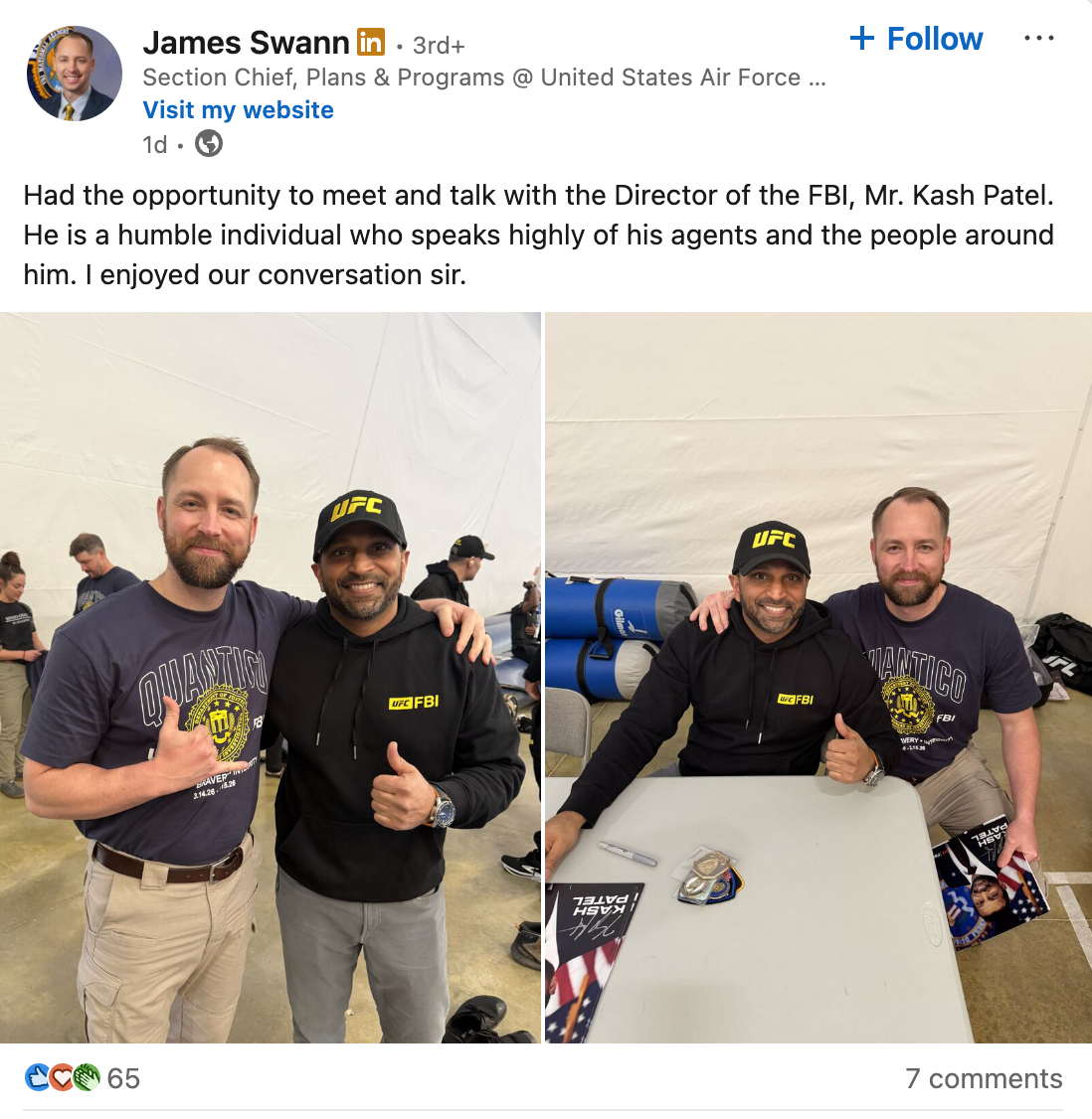 FBI Director Kash Patel poses with James Swann of the U.S. Air Force at a two-day bureau training event at its academy in Quantico, Virginia, March 14-15, 2026