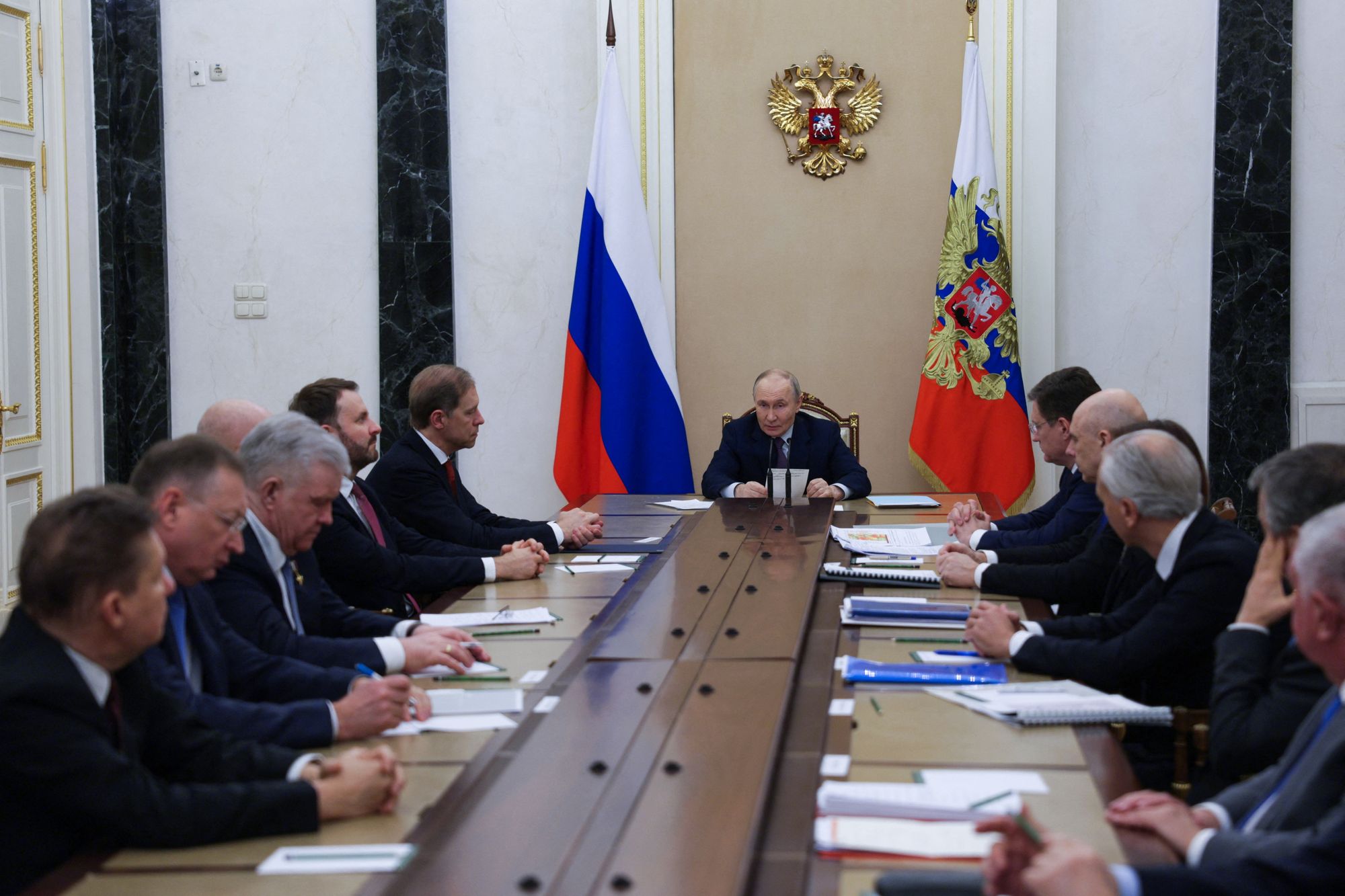 Vladimir Putin holds a meeting on the global oil and gas market situation in Moscow on 9 March