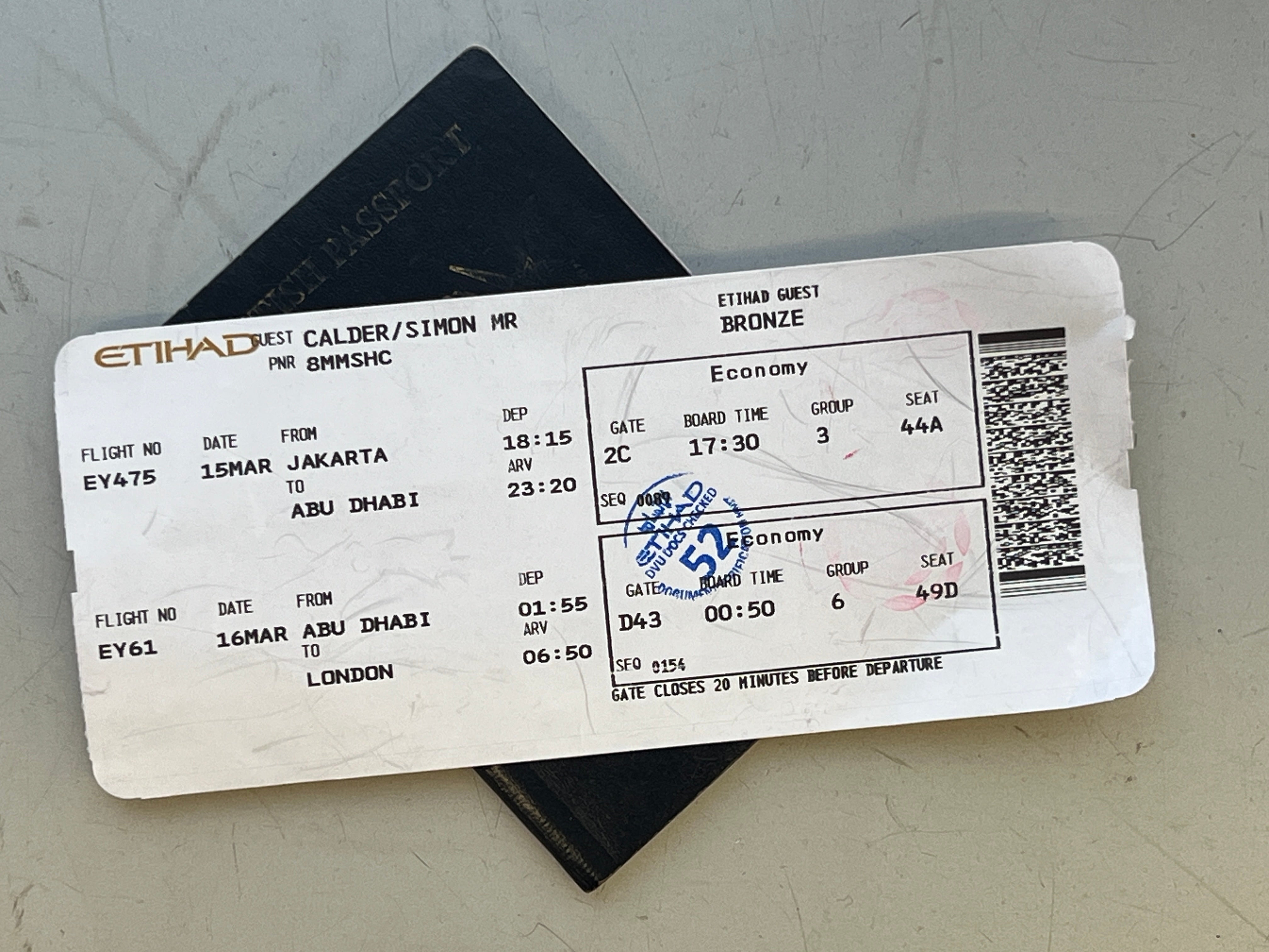 Just the ticket: Boarding pass for flight from Jakarta via Abu Dhabi to London