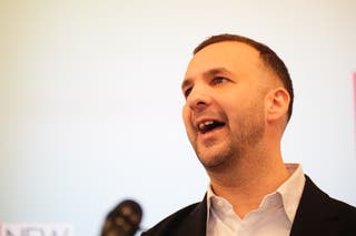 Green Party leader Zack Polanksi delivers a keynote speech at the New Economics Foundation at the Wolves Lane Center in London on Wednesday