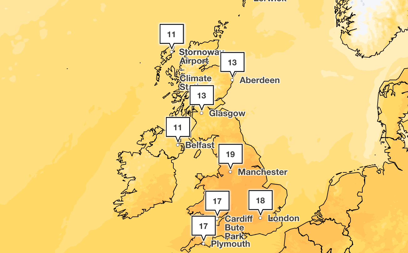 England and Wales will experience the warmest weather on Wednesday