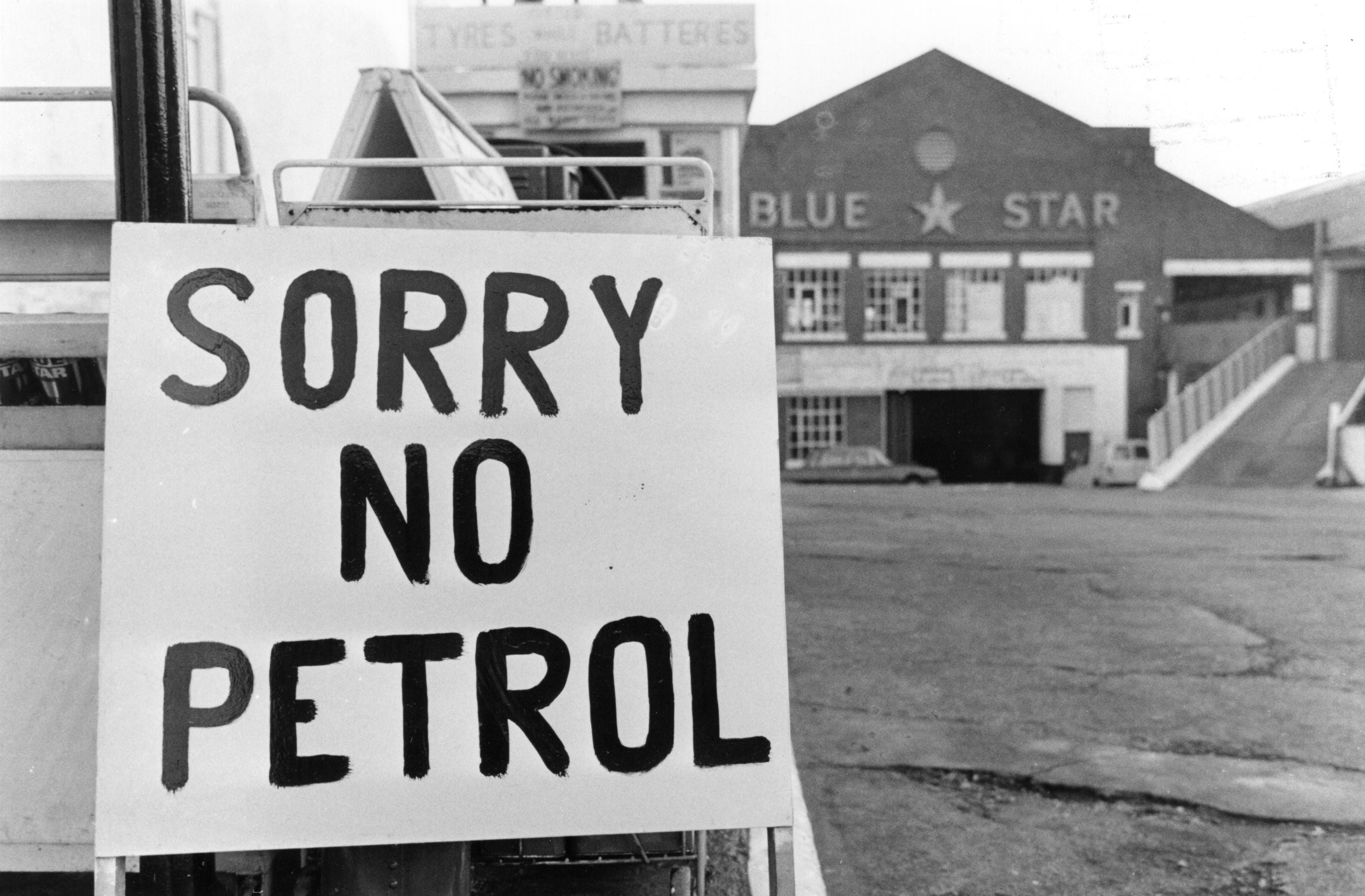 A gas station displays a common sign during the 1973 fuel crisis caused by similar geopolitical unrest in the Middle East