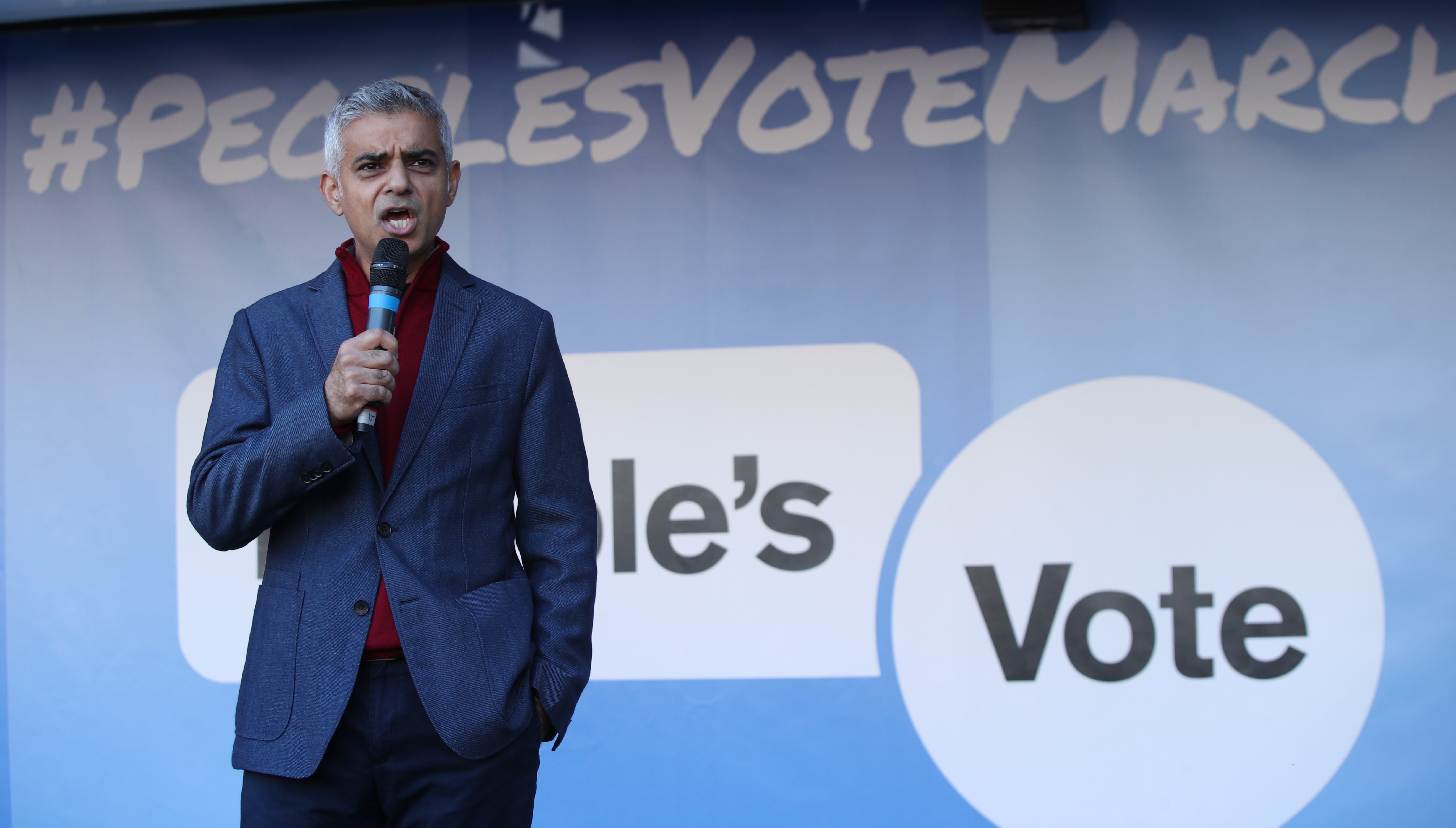 Khan addresses anti-Brexit campaigners at a People’s Vote rally in 2019 as he backed a second EU referendum