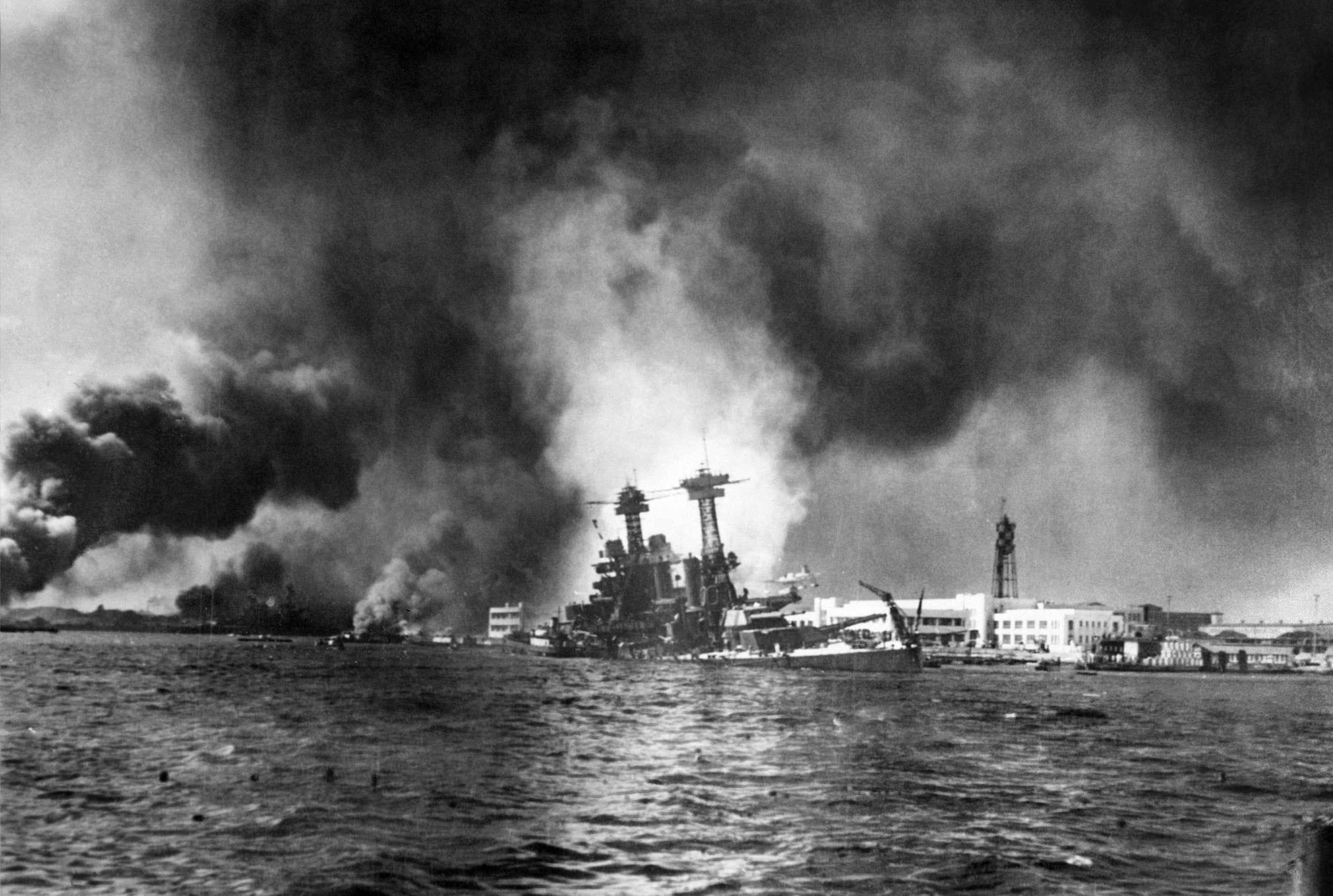 The US Pacific Fleet burns at Pearl Harbor in Hawaii after 360 Japanese warplanes made a massive surprise attack on Dec. 7, 1941, leading to the US immediately entering the Second World War – Trump seemed to confuse Iran’s aggression with Japan’s on Wednesday (AFP/Getty)