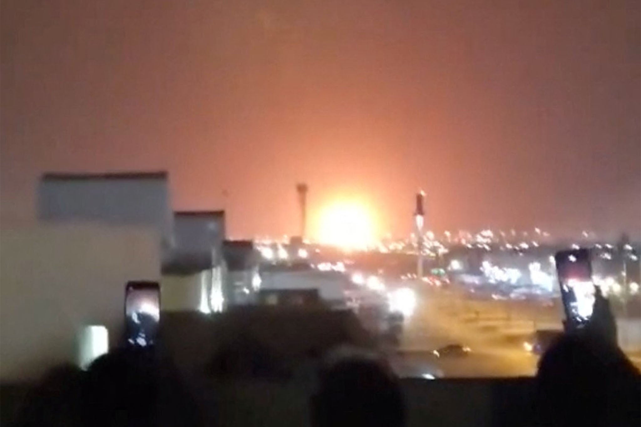 Fire rises from an explosion following a strike near oil company Aramco, amid the U.S.-Israeli conflict with Iran, in Riyadh, Saudi Arabia, March 18, 2026