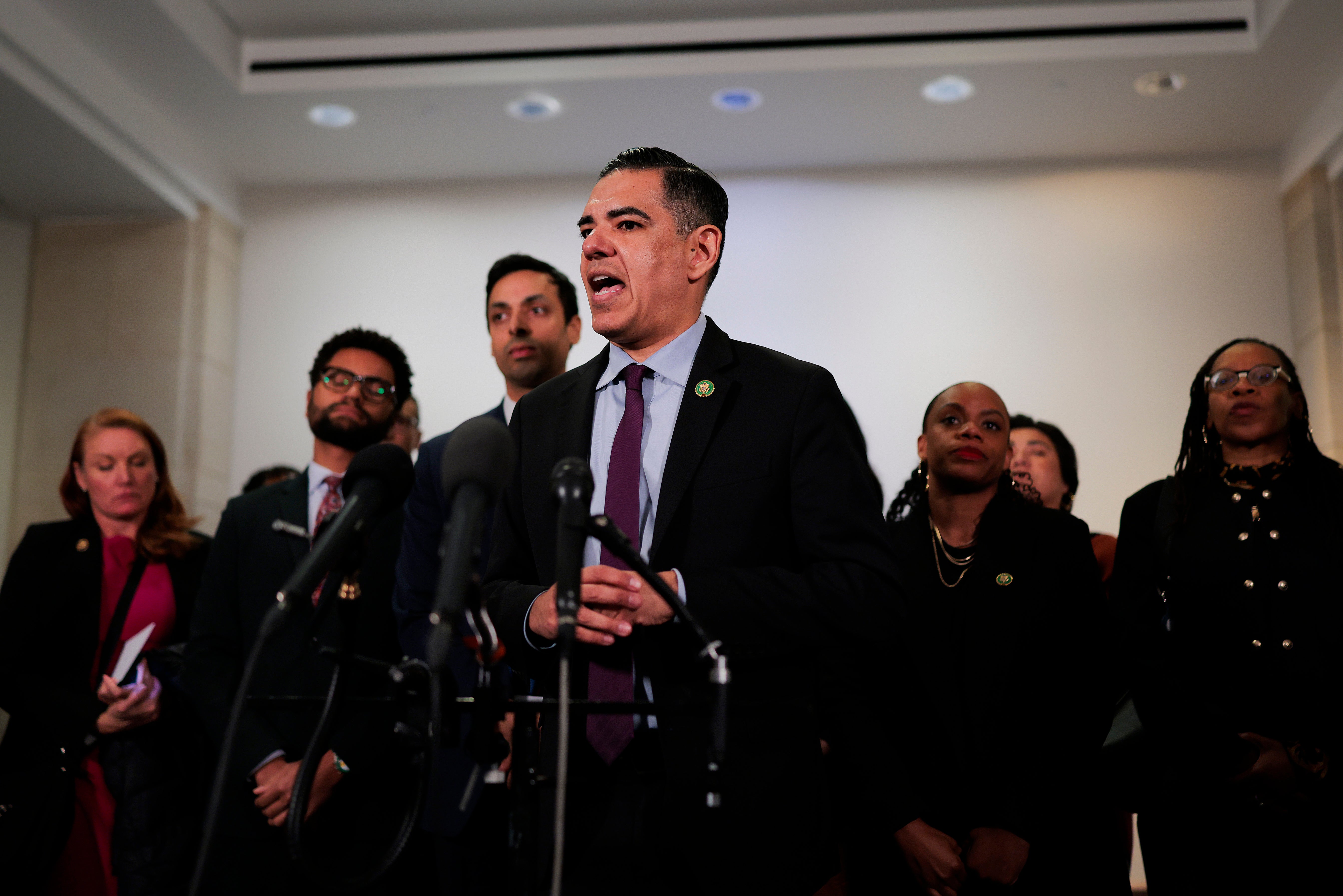 California Rep. Robert Garcia speaks after he and his fellow Democrats walked out of a House Oversight Committee briefing with Attorney General Pam Bondi March 18, 2026