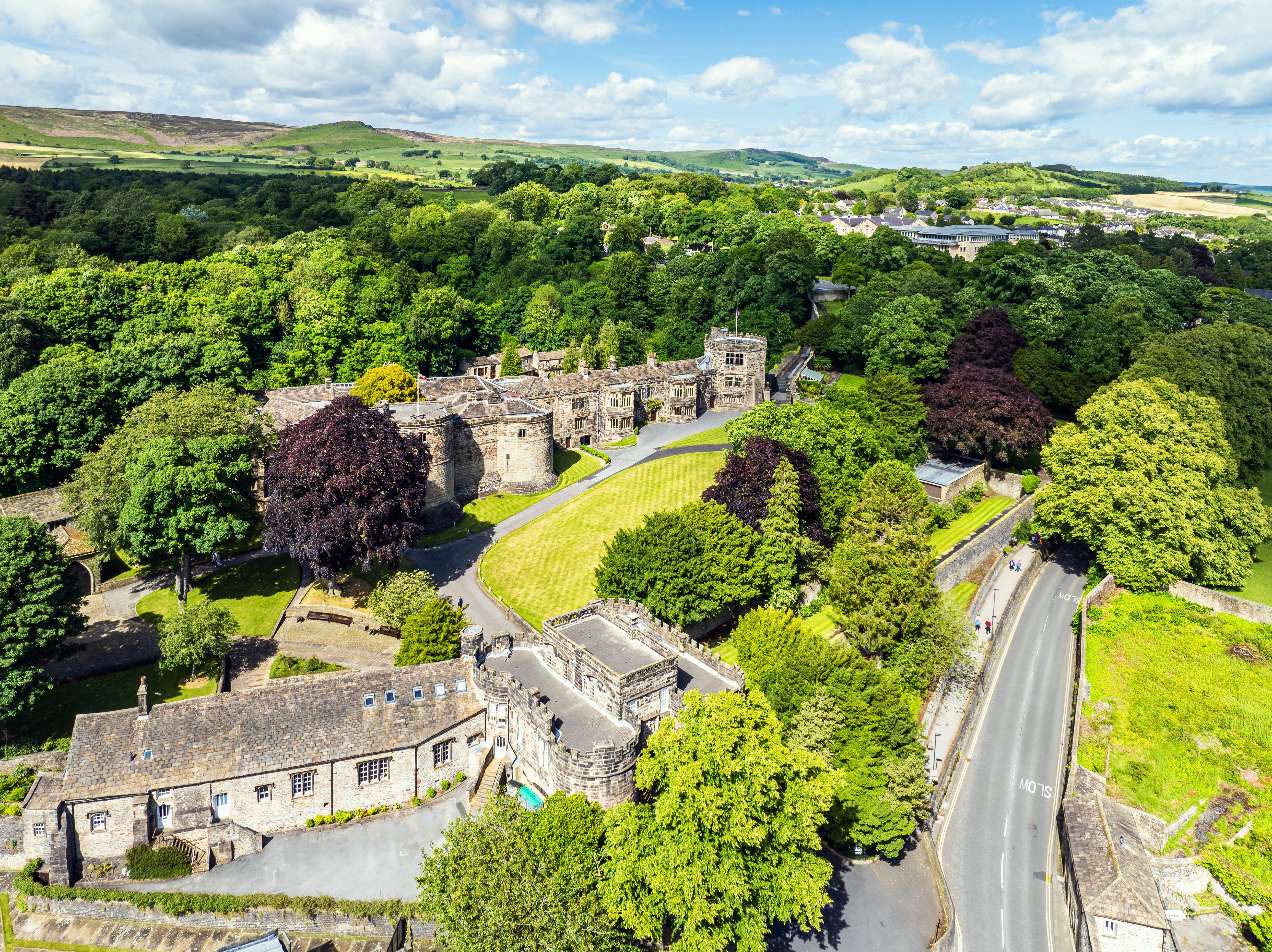 2XX2FK4 Skipton Castle from a drone, North Yorkshire, England