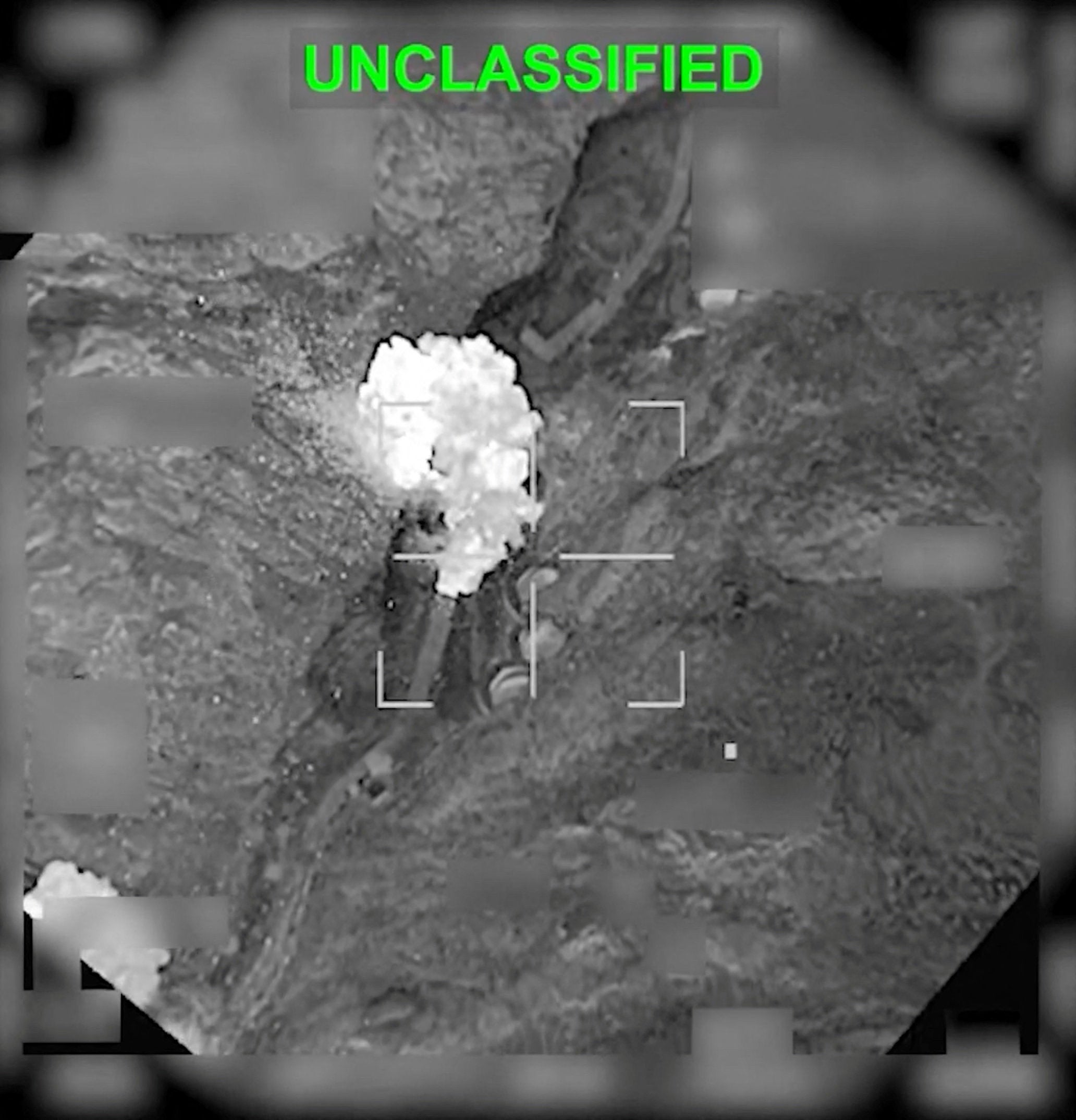 An explosion following a strike on an Iranian facility in Haji Abad, Iran in this still image obtained from a video released by U.S. Central Command (CENTCOM)
