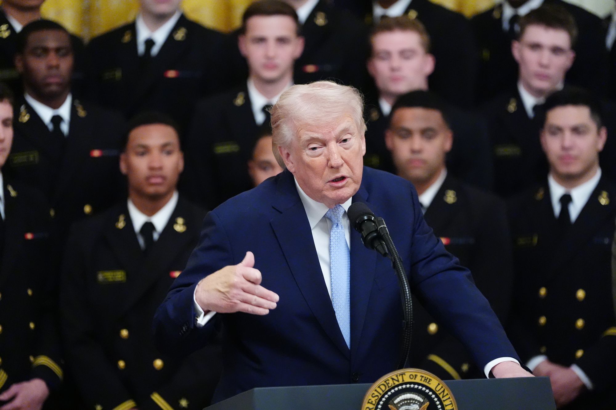 U.S. President Donald Trump delivers remarks during a presentation of the Commander-in-Chief's trophy to the U.S. Navy Midshipmen.