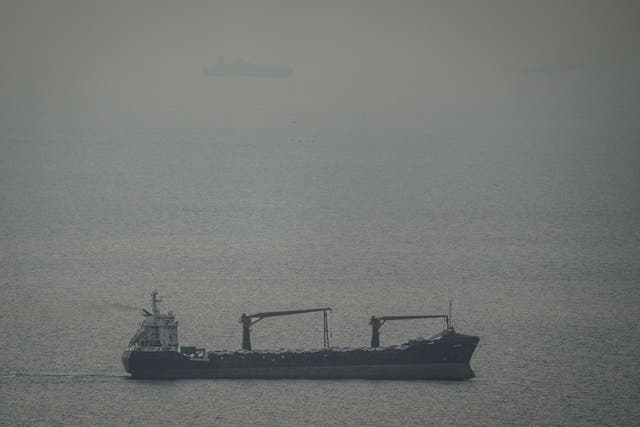 <p>Un buque de carga que transporta vehículos navega hacia el estrecho de Ormuz el 22 de marzo de 2026.</p>