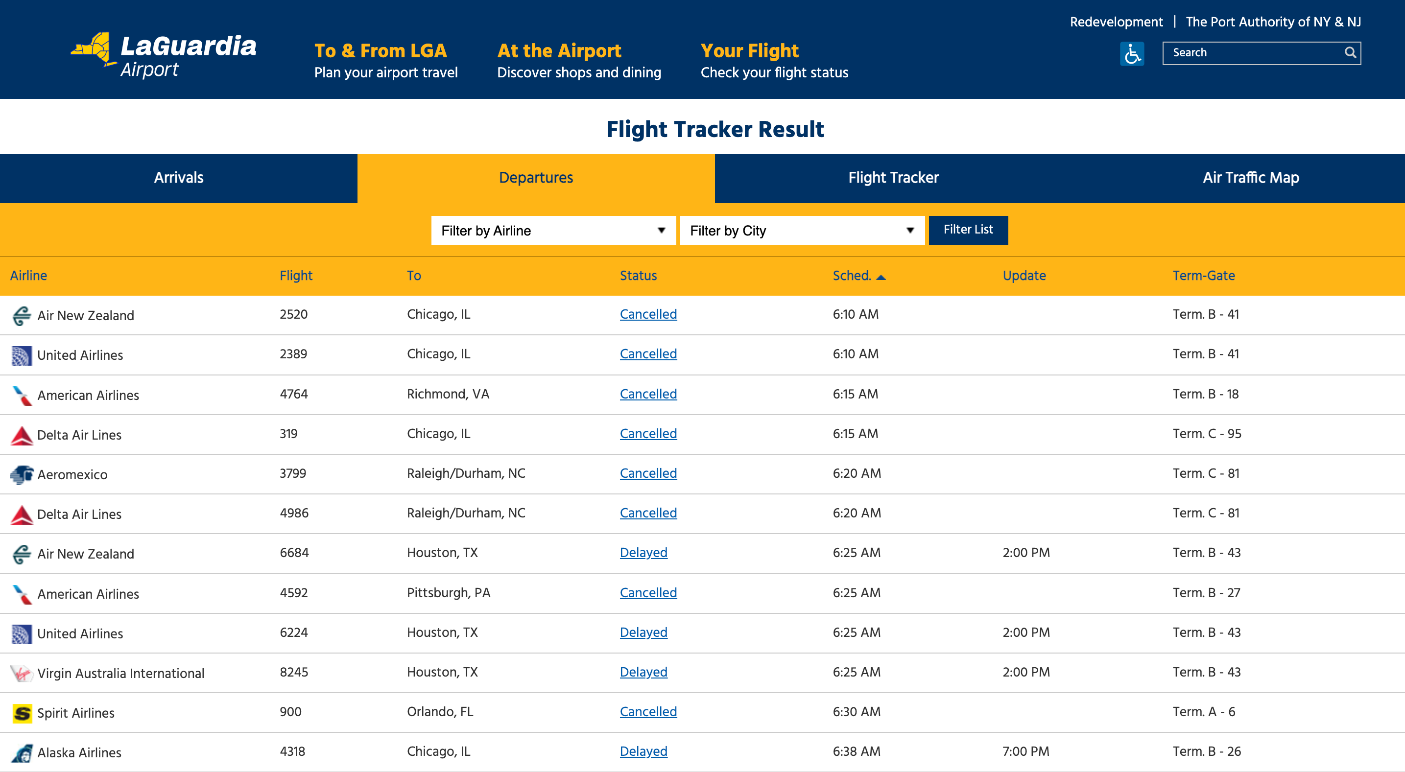 Mass flight cancellations listed on the LaGuardia Airport website Monday March 23, 2026 after the airport was closed following a fatal collision between a passenger plane and a fire truck