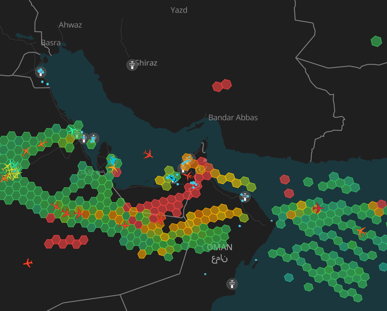 GPS accuracy around the Gulf as of 23 March, in which red/orange indicate degraded accuracy and green indicates normal navigation performance
