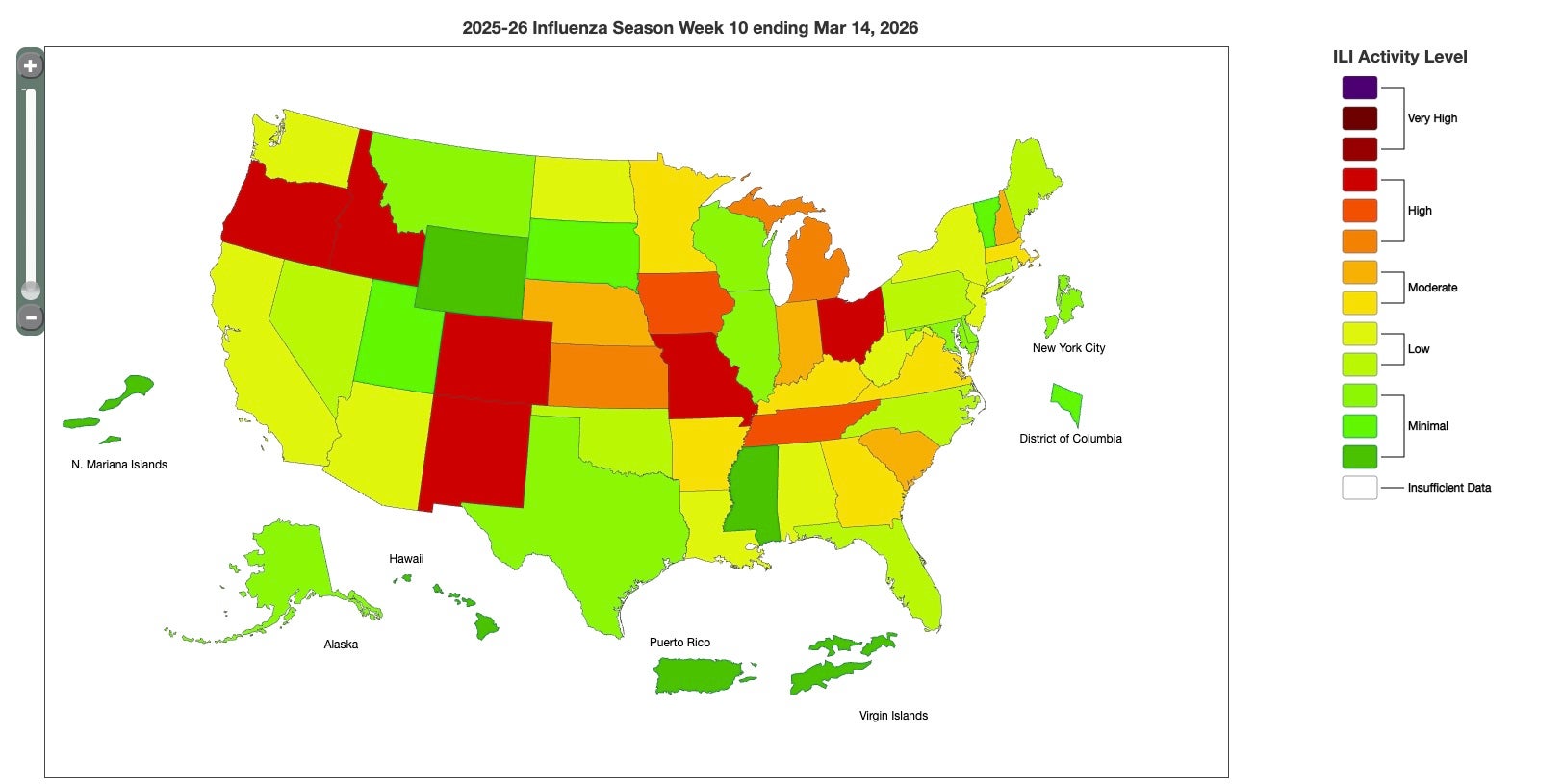A map shows flu activity for the week ending March 14, 2026. Six states have high levels of flu and most are in the West