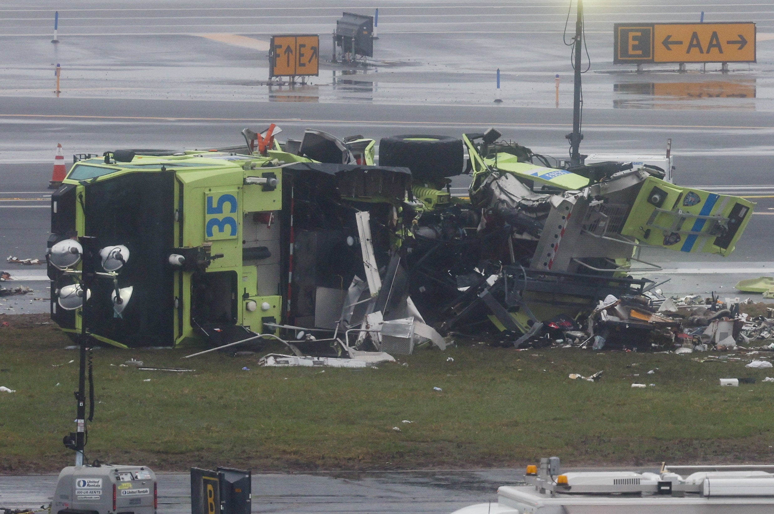 A damaged fire truck at the scene after an Air Canada Express jet collided with a ground vehicle at New York's LaGuardia Airport in Queens, New York, U.S., March 23, 2026