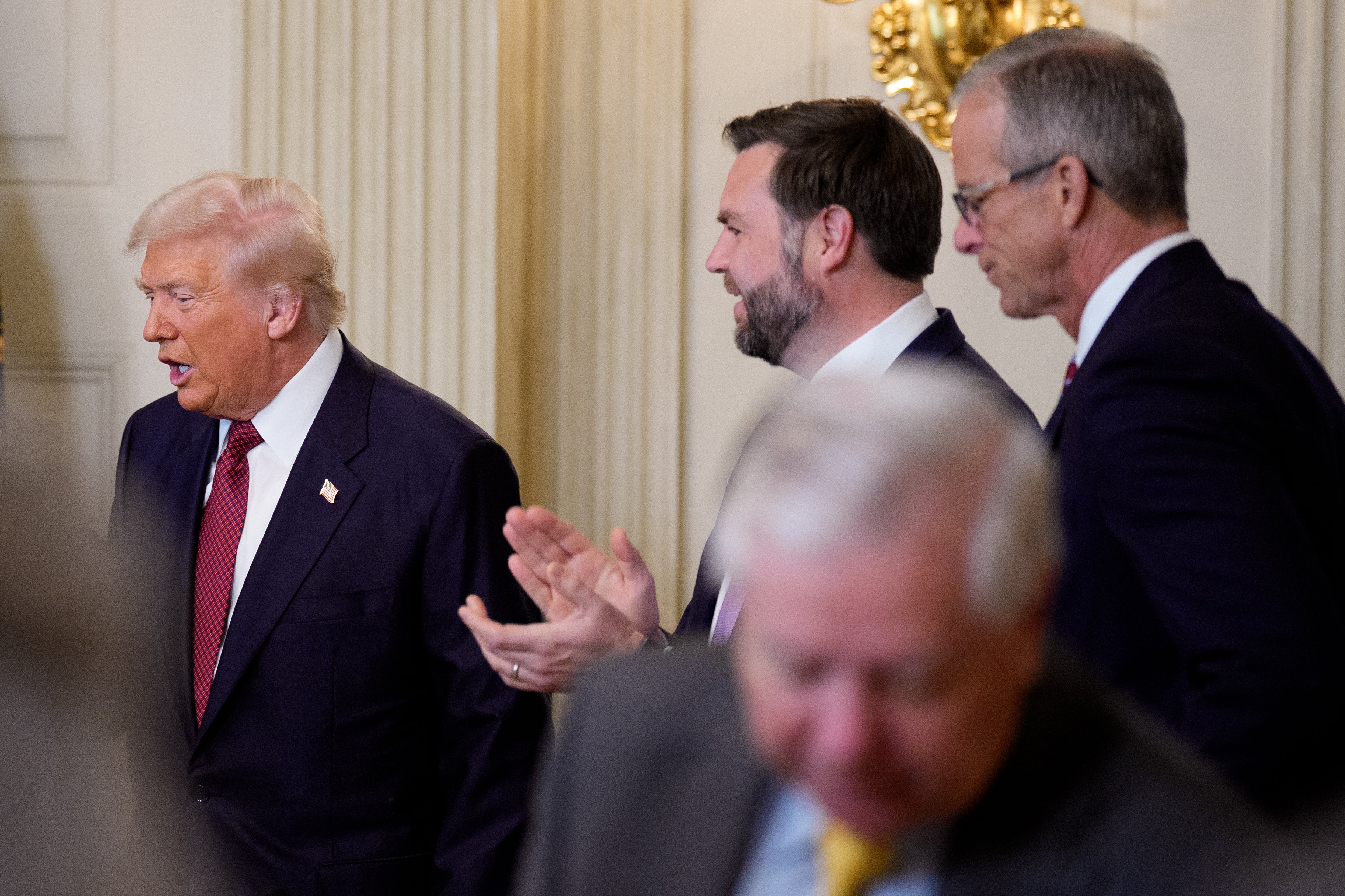 President Donald Trump demanded the Senate link Homeland Security funding with the SAVE America Act, making life harder for Senate Majority Leader John Thune (L)