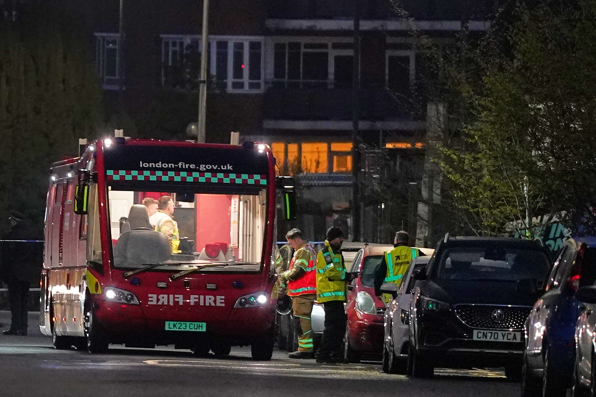 Firefighters respond to a fire in Golders Green, London, on Monday, March 23, 2026, following an apparent arson attack on four vehicles belonging to a Jewish ambulance service