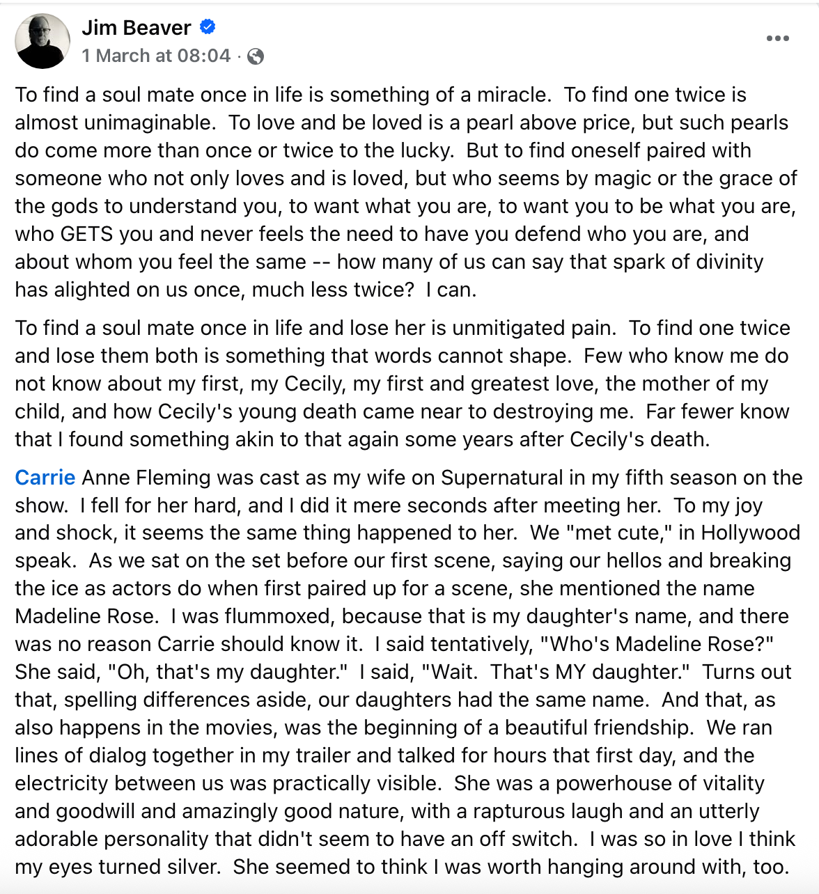 Jim Beaver ha reso omaggio all'anima gemella Carrie Ann Fleming