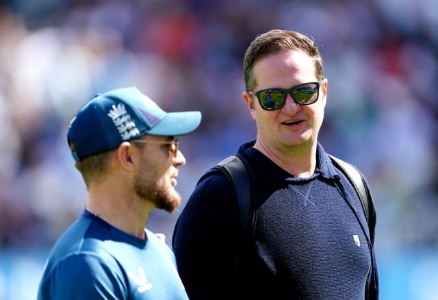 <p>England managing director Rob Key, right, speaks to head coach Brendon McCullum (Mike Egerton/PA)</p>