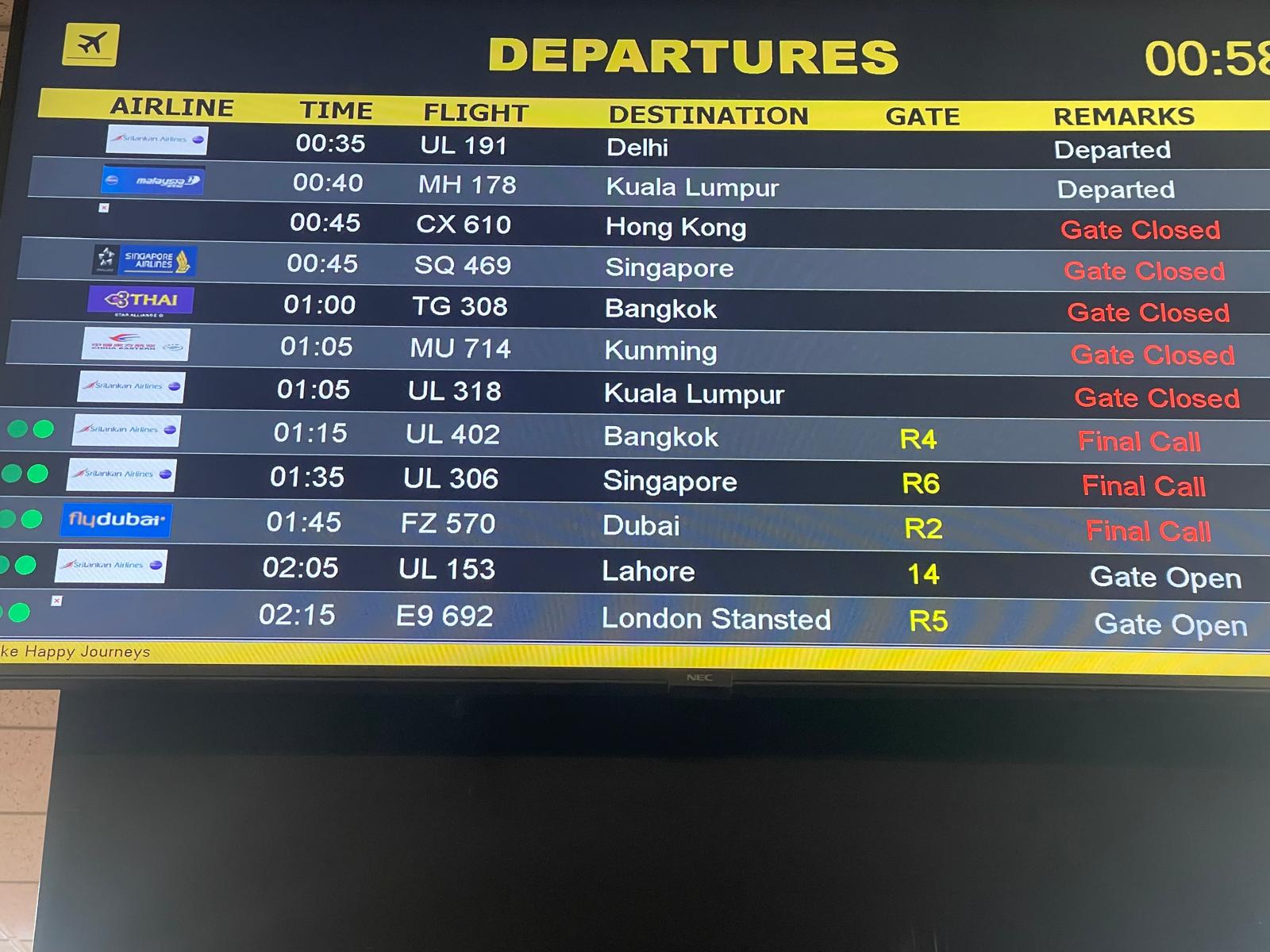Mission possible: Departure screen at Colombo airport for Iberojet's flight to London Stansted