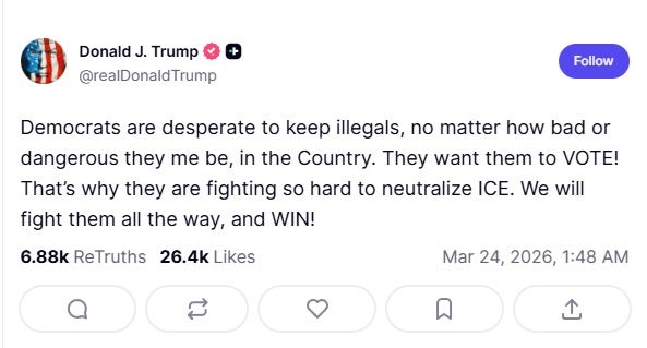 Donald Trump's second post on Truth Social on Monday showed no signs of willingness to accept a Democratic deal