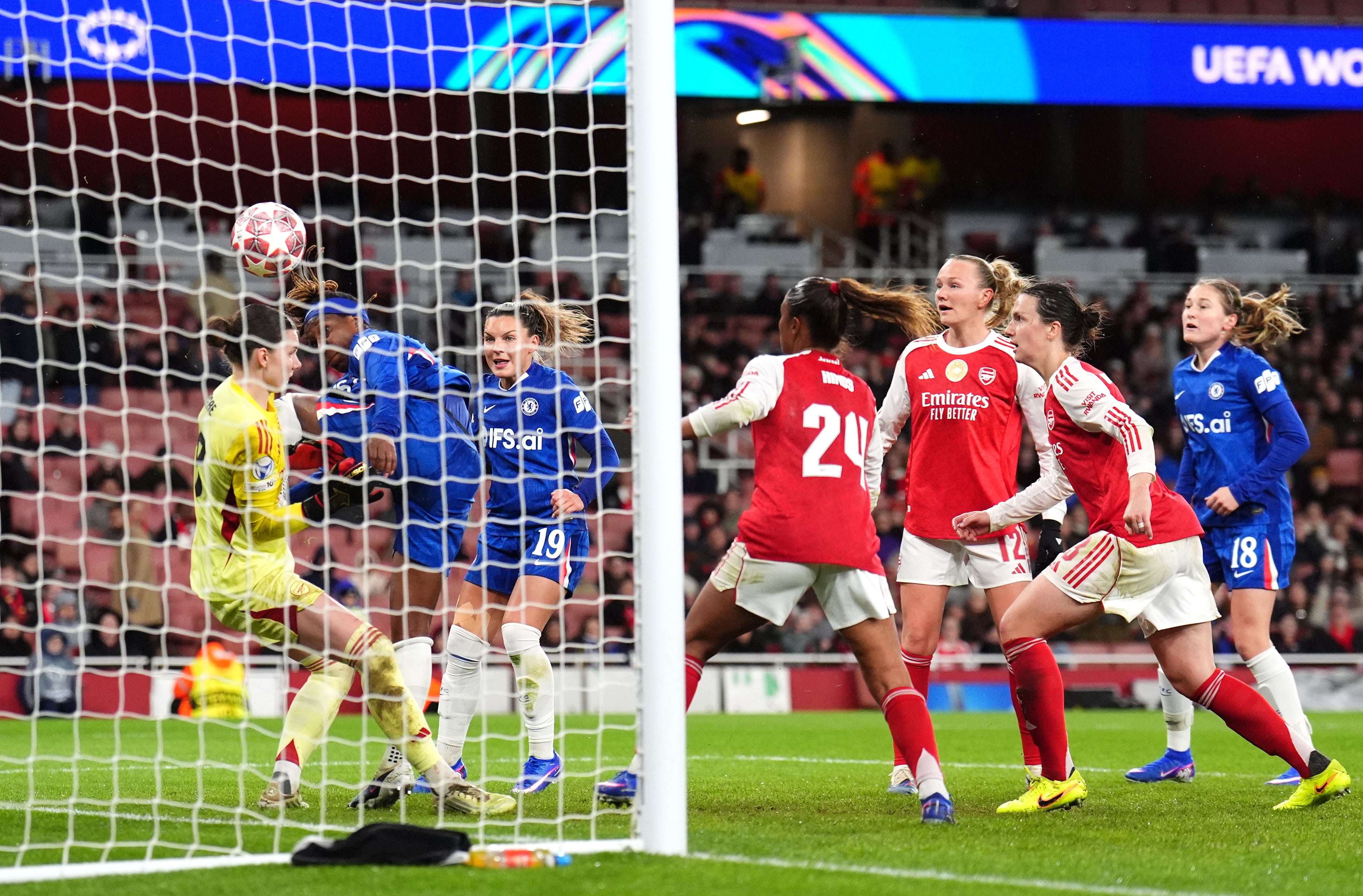 Chelsea's Kadeisha Buchanan was penalised for fouling Arsenal goalkeeper Anneke Borbe