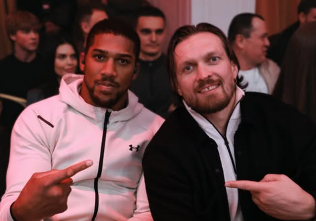 <p>Anthony Joshua (left) and former opponent Oleksandr Usyk in Ukraine</p>