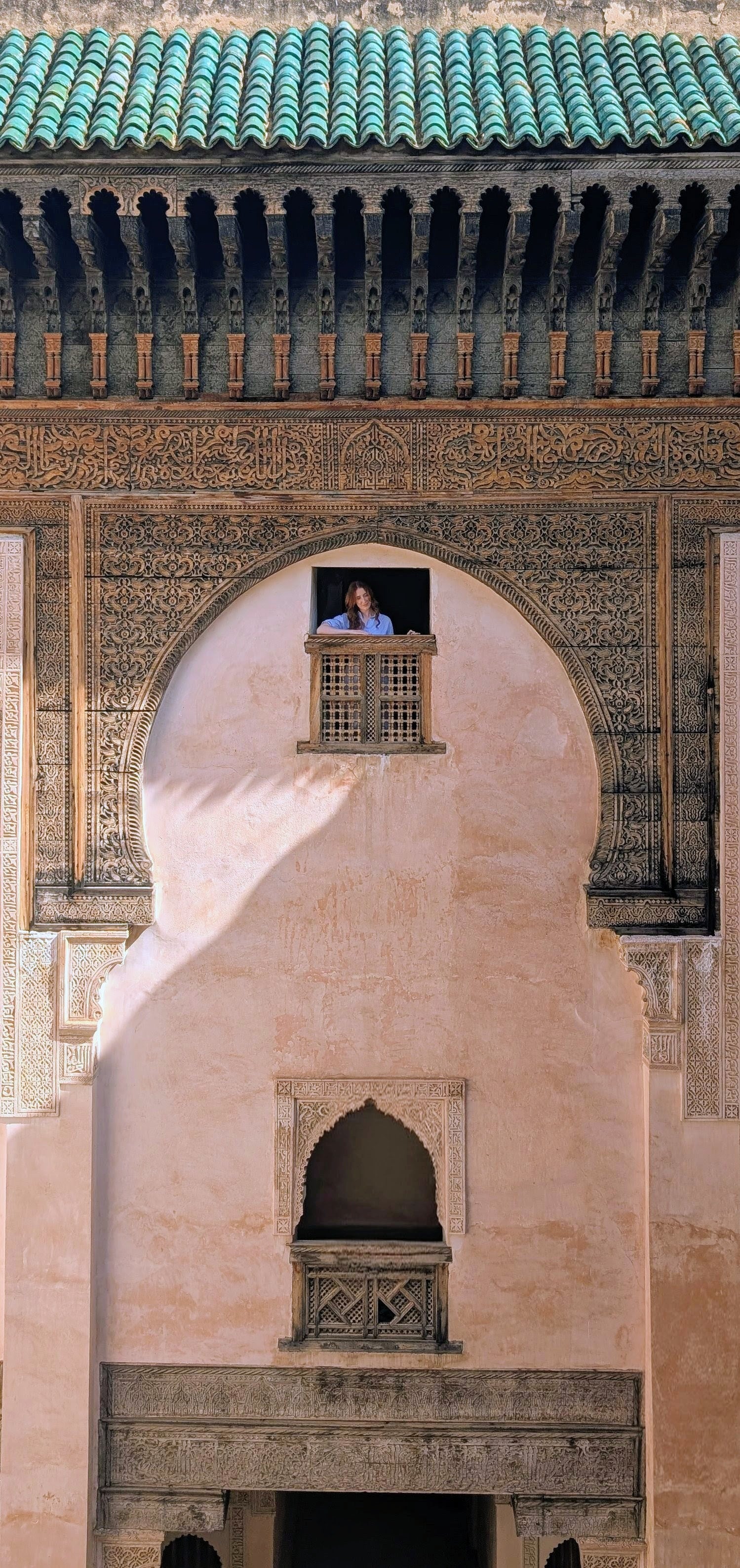 Looking out at the Medersa Bou Inania in Fes