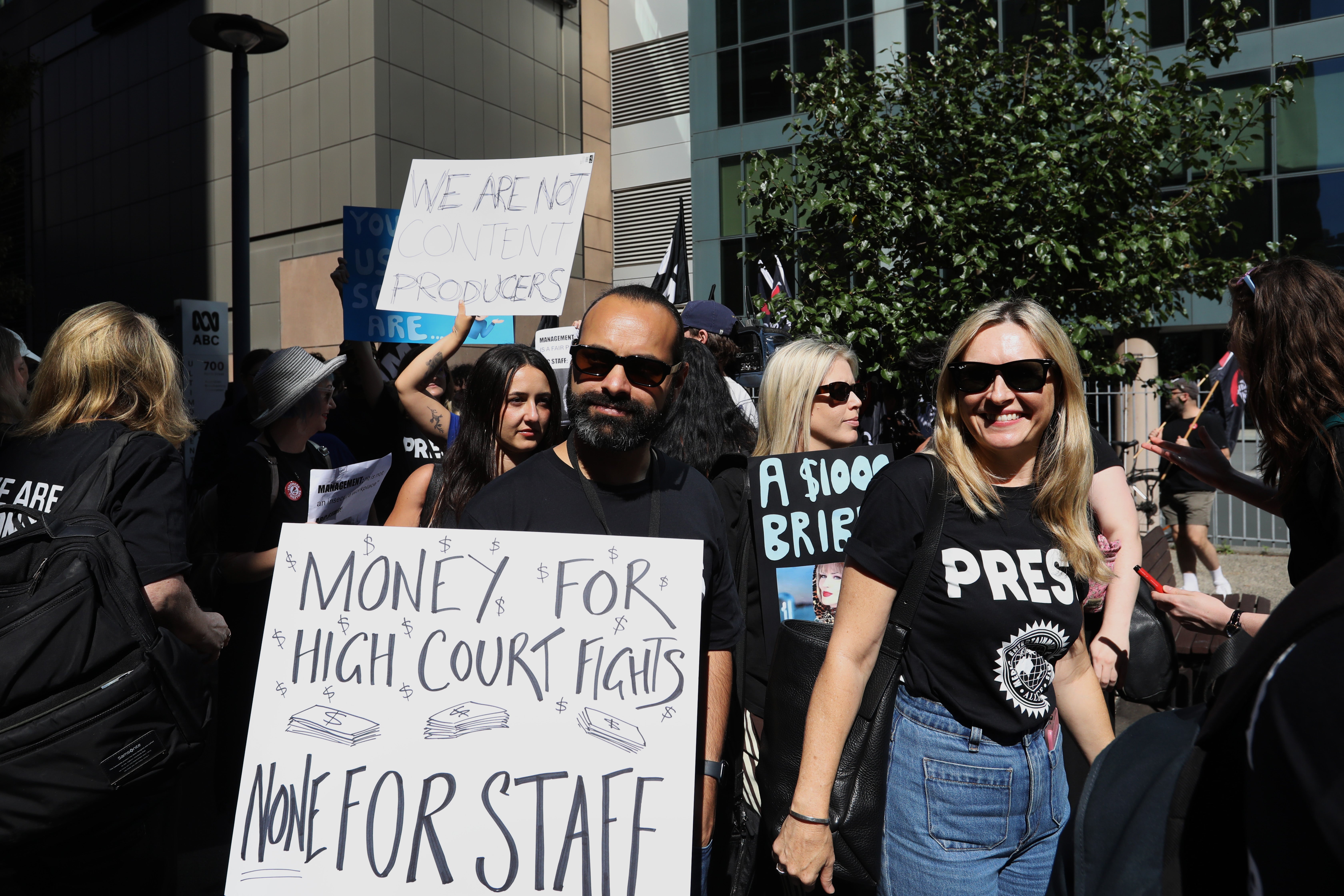 Australian Broadcasting Corporation (ABC) staff walk off the job during industrial action at the ABC headquarters in Ultimo on March 25, 2026 in Sydney, Australia