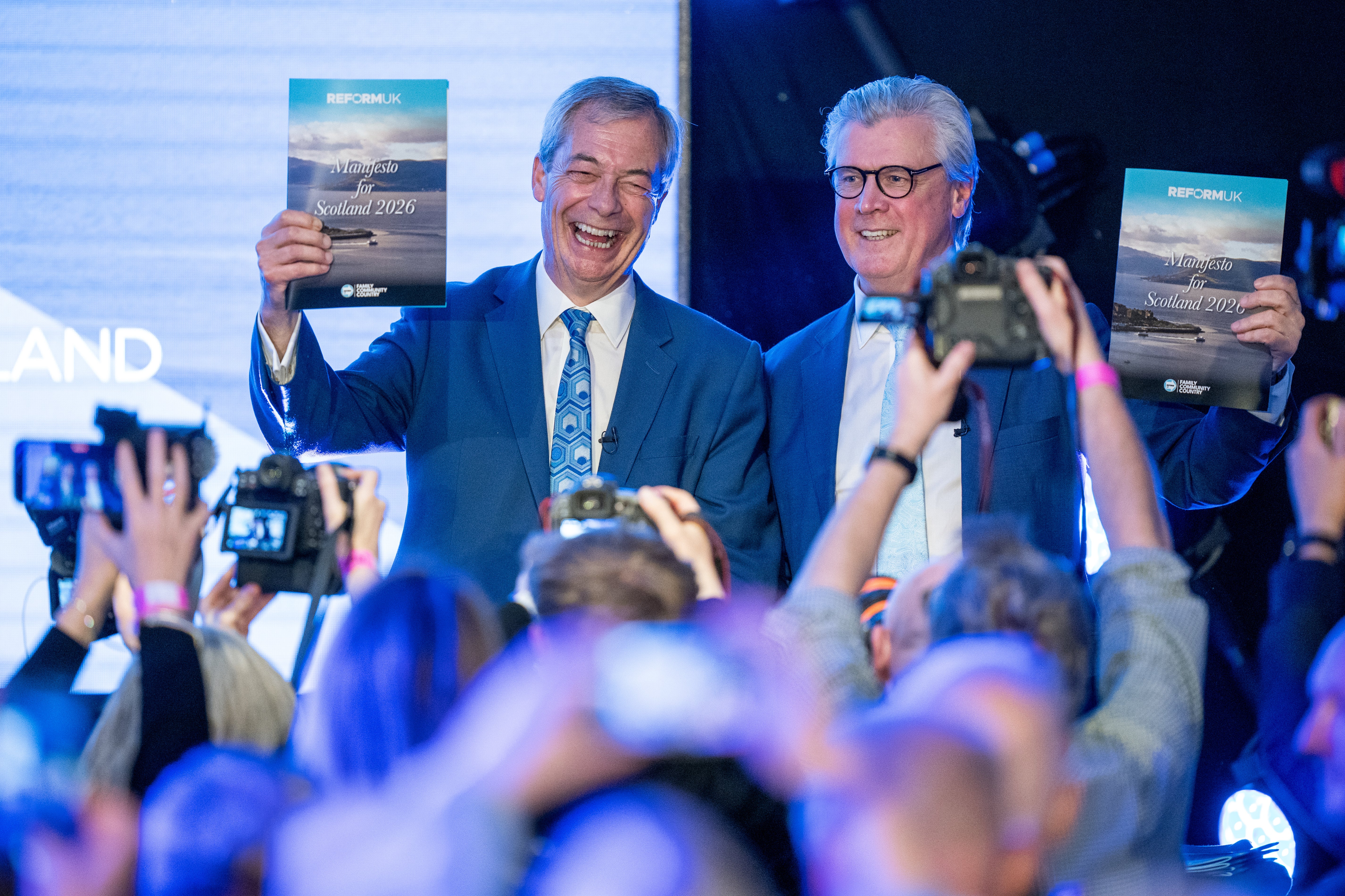 Nigel Farage and Malcolm Offord, Reform’s Scottish leader, unveil the party’s manifesto ahead of May’s elections, where at least one poll has suggested they could come second to the SNP