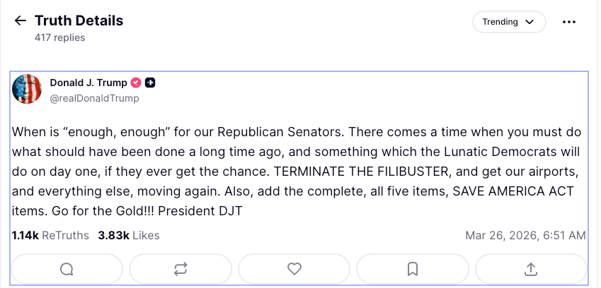 President Donald Trump demanded Senate republicans end the filibuster and pass his SAVE America Act to restrict voting rules on Thursday morning