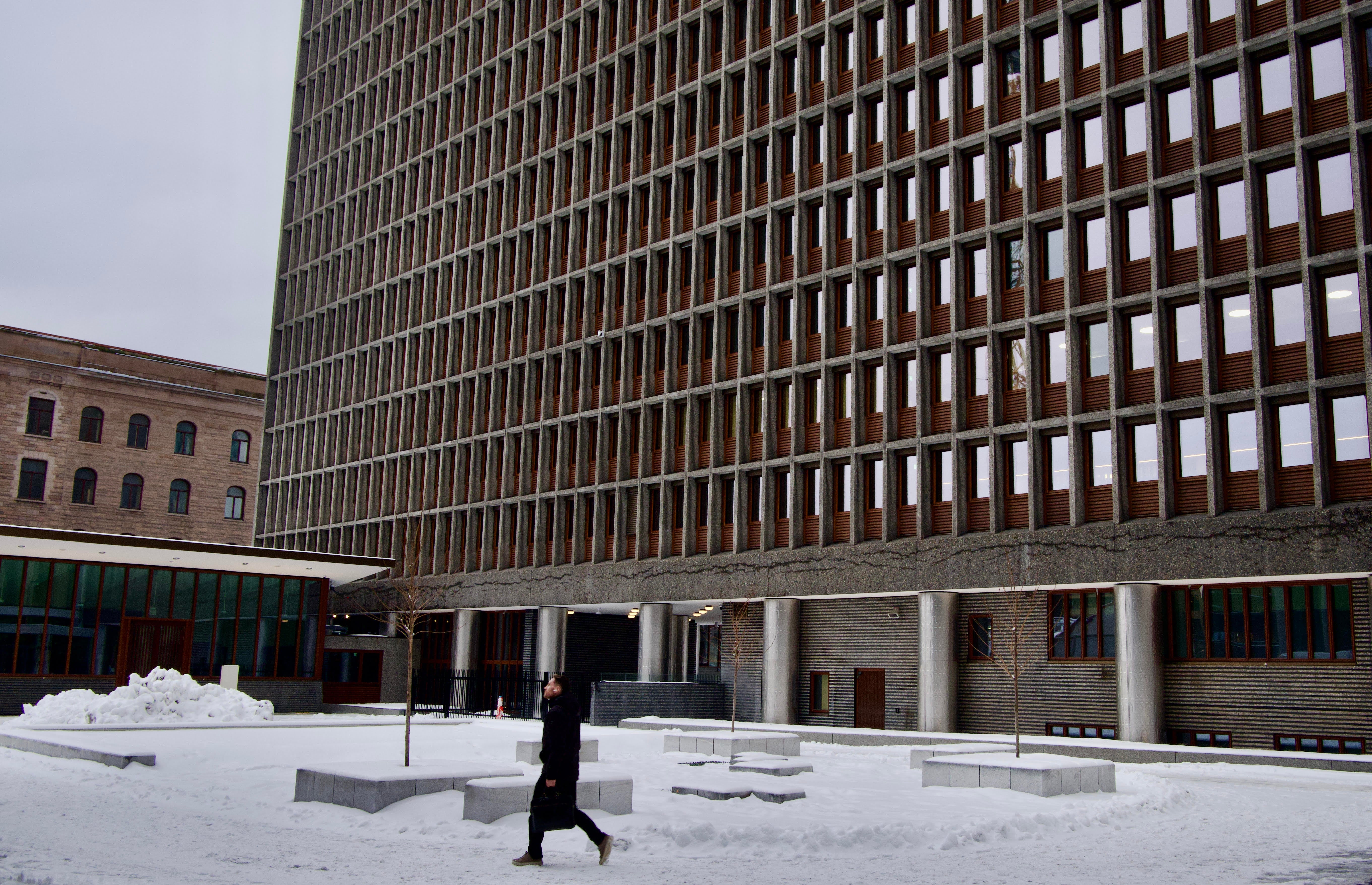 The Norwegian Government Building just ahead of its reopening in February 2026, some 15 years after Anders Breivik attempted to blow it up on 22 July 2011