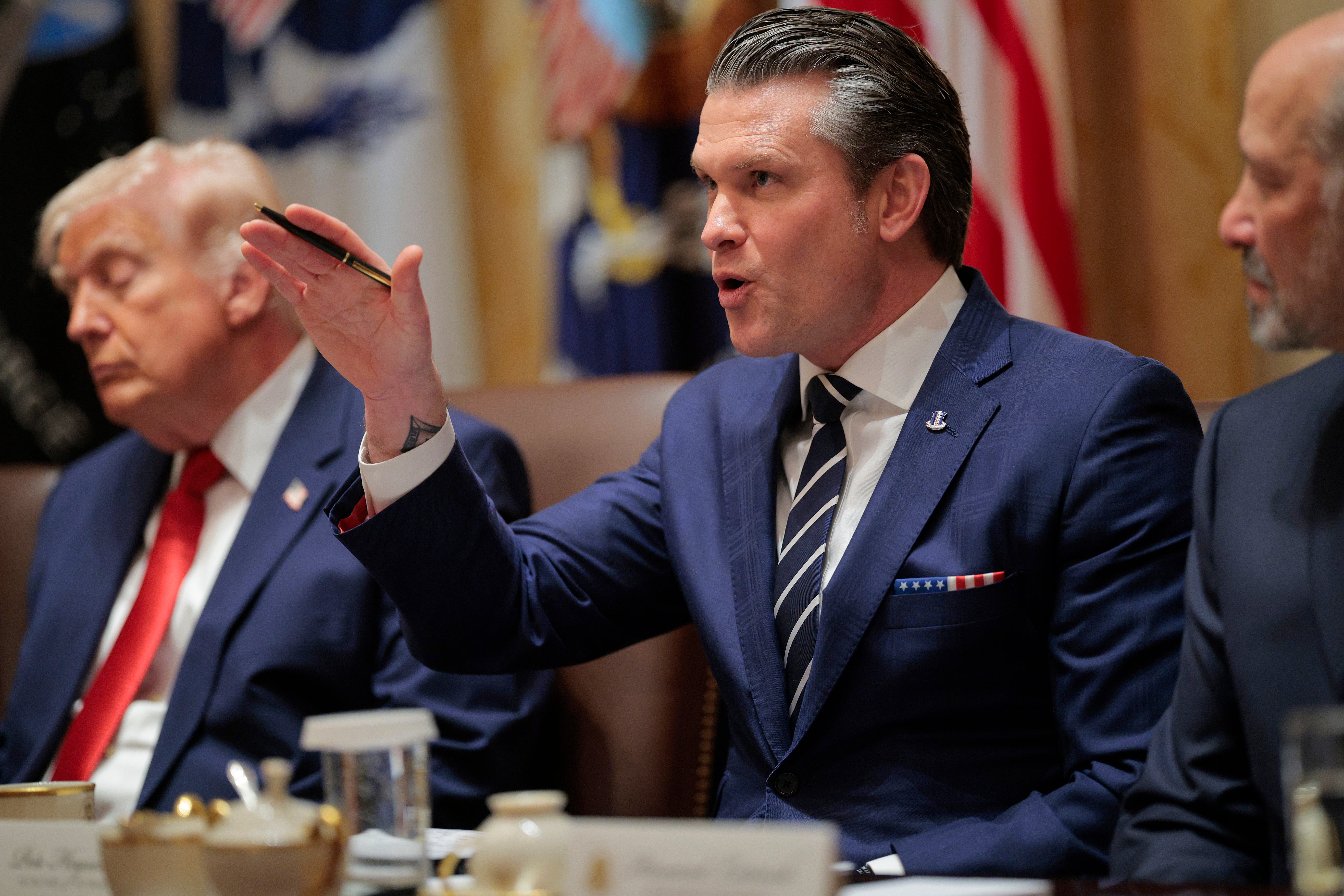 U.S. Secretary of War Pete Hegseth speaks during a Cabinet meeting in the Cabinet Room of the White House on March 26, 2026 in Washington, DC. This is Trump's second Cabinet meeting of 2026 and the first since the United States and Israel began attacking Iran on February 28. (Photo by Chip Somodevilla/Getty Images)