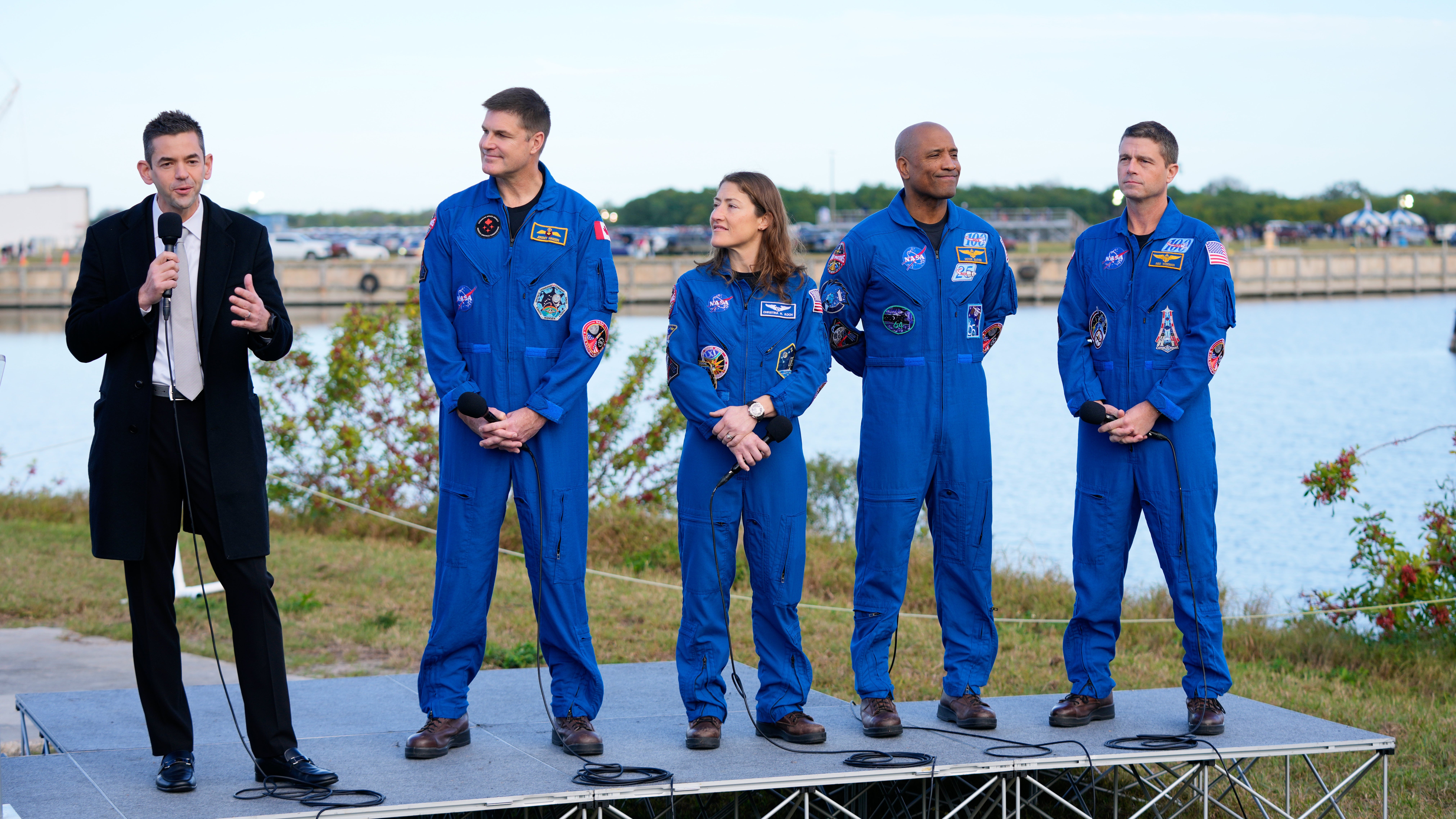 NASA administrator Jared Isaacman, next to the crew of the new moon rocket, Artemis II, from left, Canadian Space Agency astronaut Jeremy Hansen, mission specialist Christina Koch, pilot Victor Glover and commander Reid Wiseman