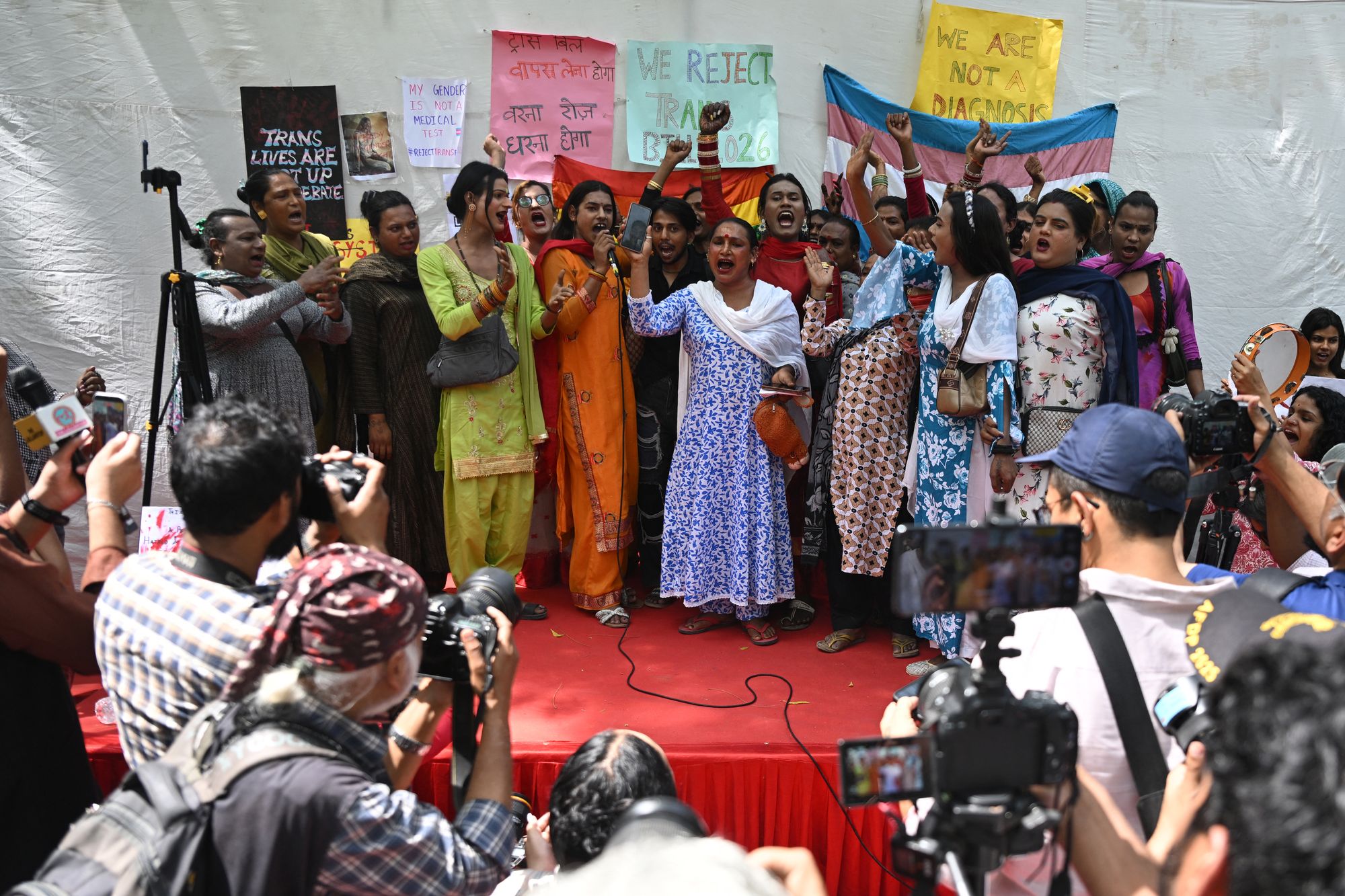 Members of the transgender community shout slogans during a protest against the proposed Transgender Persons (Protection of Rights) Amendment Bill in New Delhi on 26 March 2026.