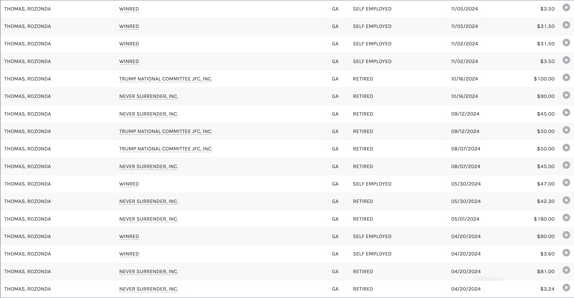 FEC records showing political donations made by Rozonda 