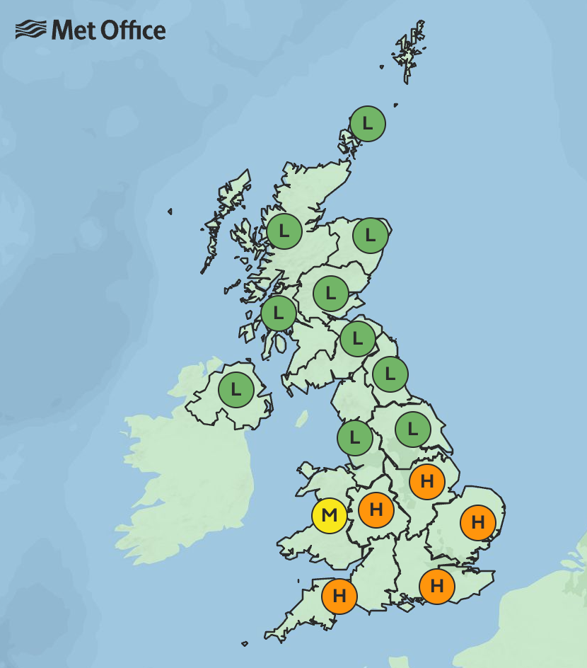 Pollen levels will be high across the south of England and Wales on Wednesday