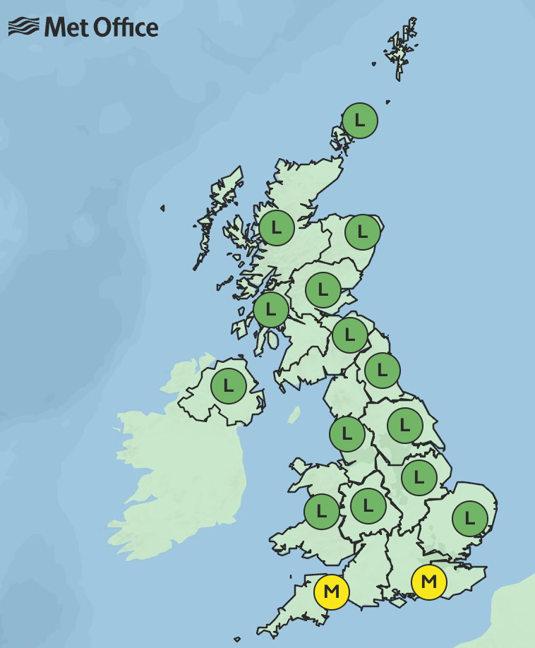 Pollen counts will remain moderate across the south west and east of England on Sunday