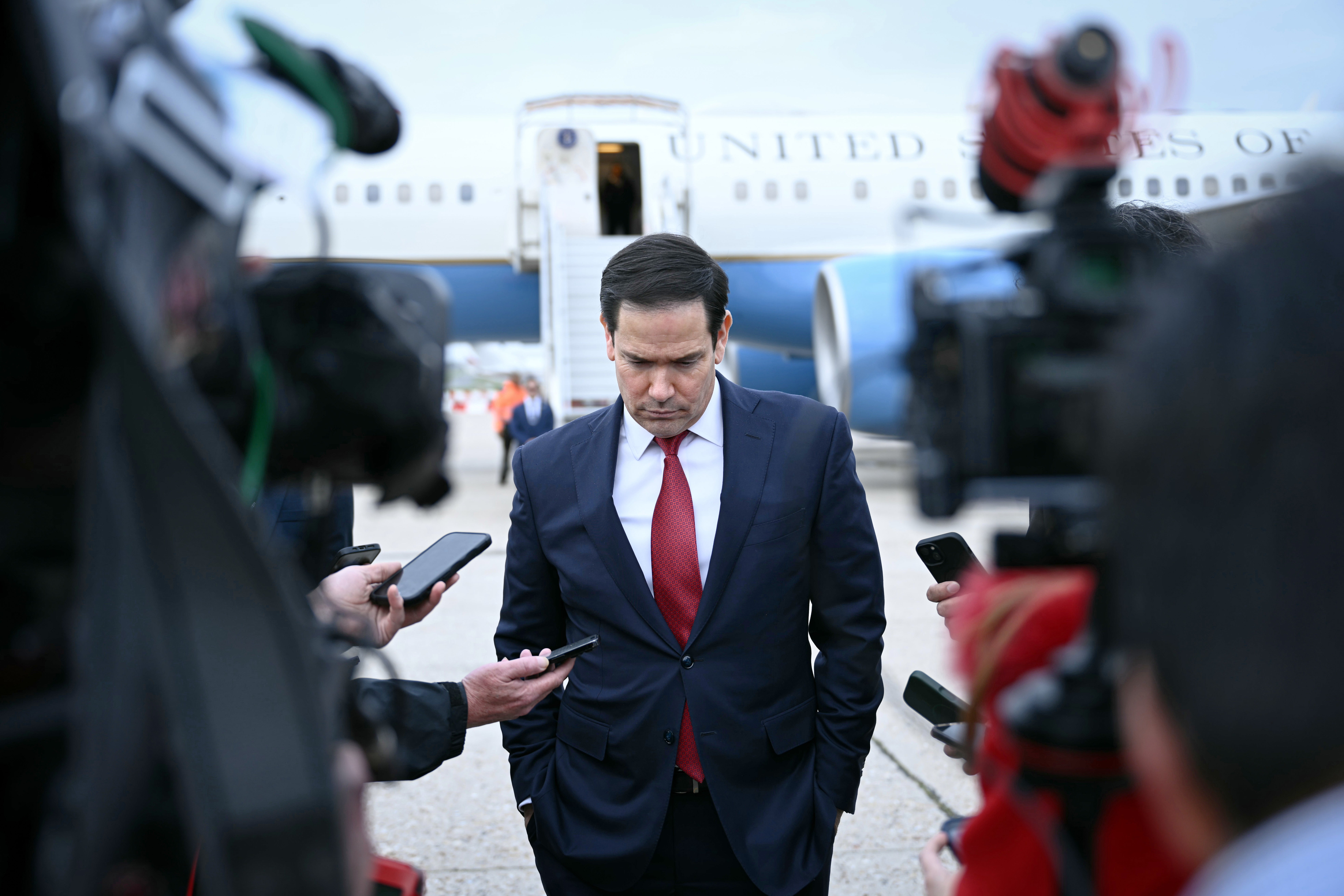 US Secretary of State Marco Rubio looks on as he speaks to the press following a G7 Foreign Ministers' meeting